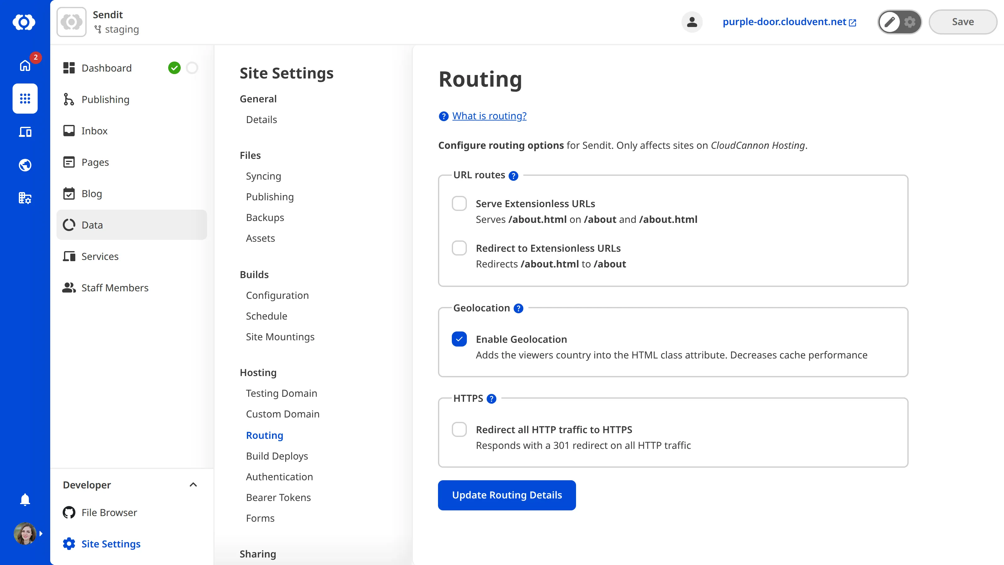 A screenshot of the Routing Page under Site Settings shows the checkbox labeled Enable Geolocation.