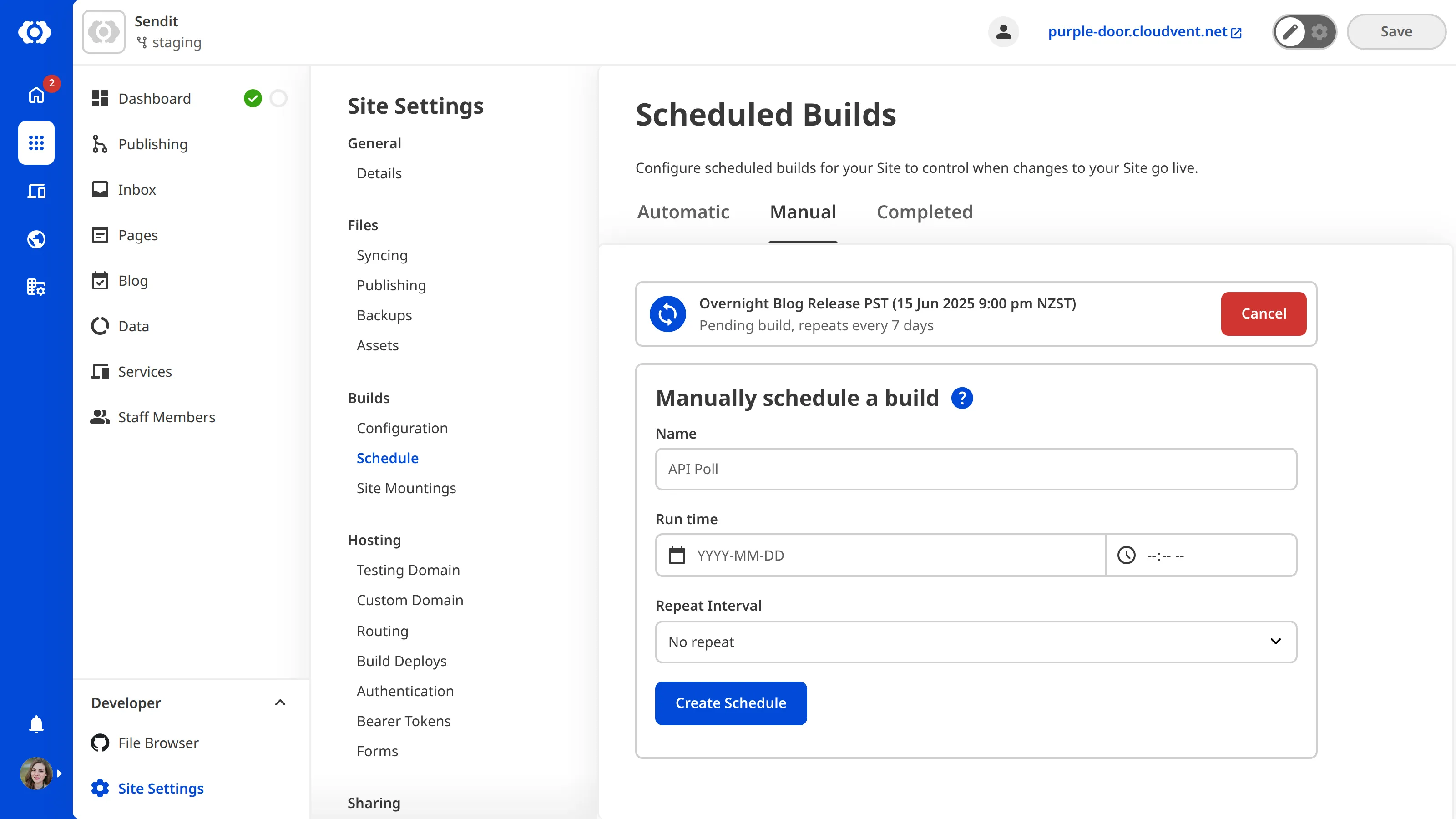 Manual Builds Schedule interface