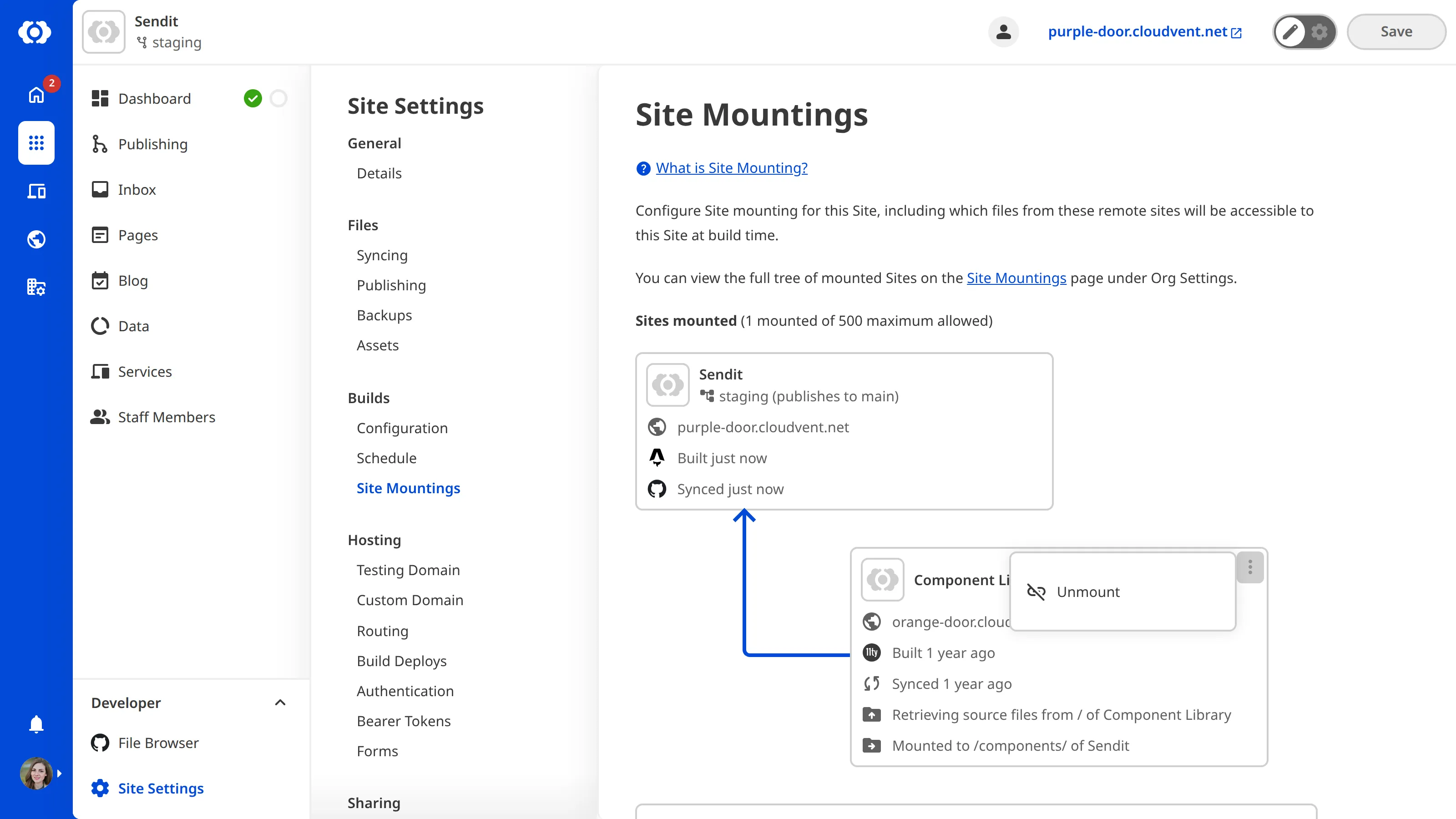 A screenshot of the Site Mountings page showing a mounted site with the context menu open, displaying the Unmount option.