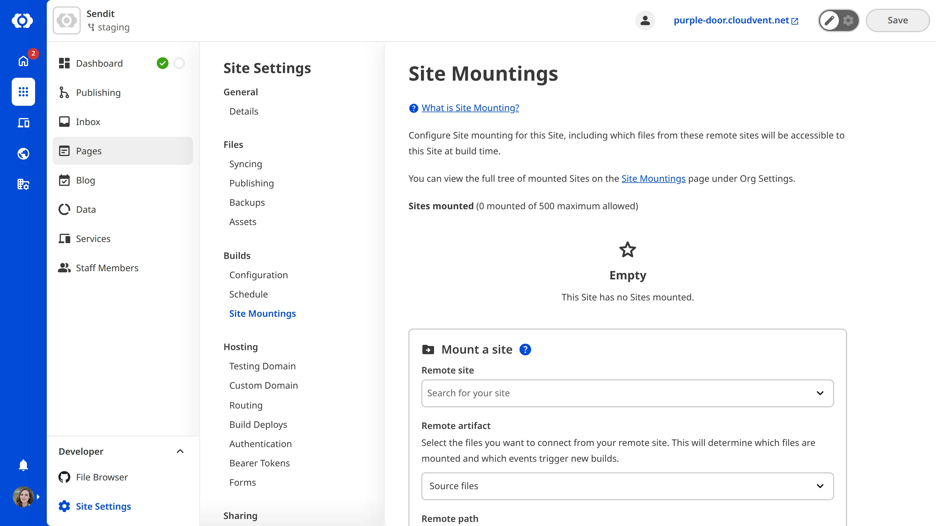 The Site Mountings page shows an empty mounted sites list and a form to mount a new site with fields for Remote site, Remote artifact, Remote path, and Local path.