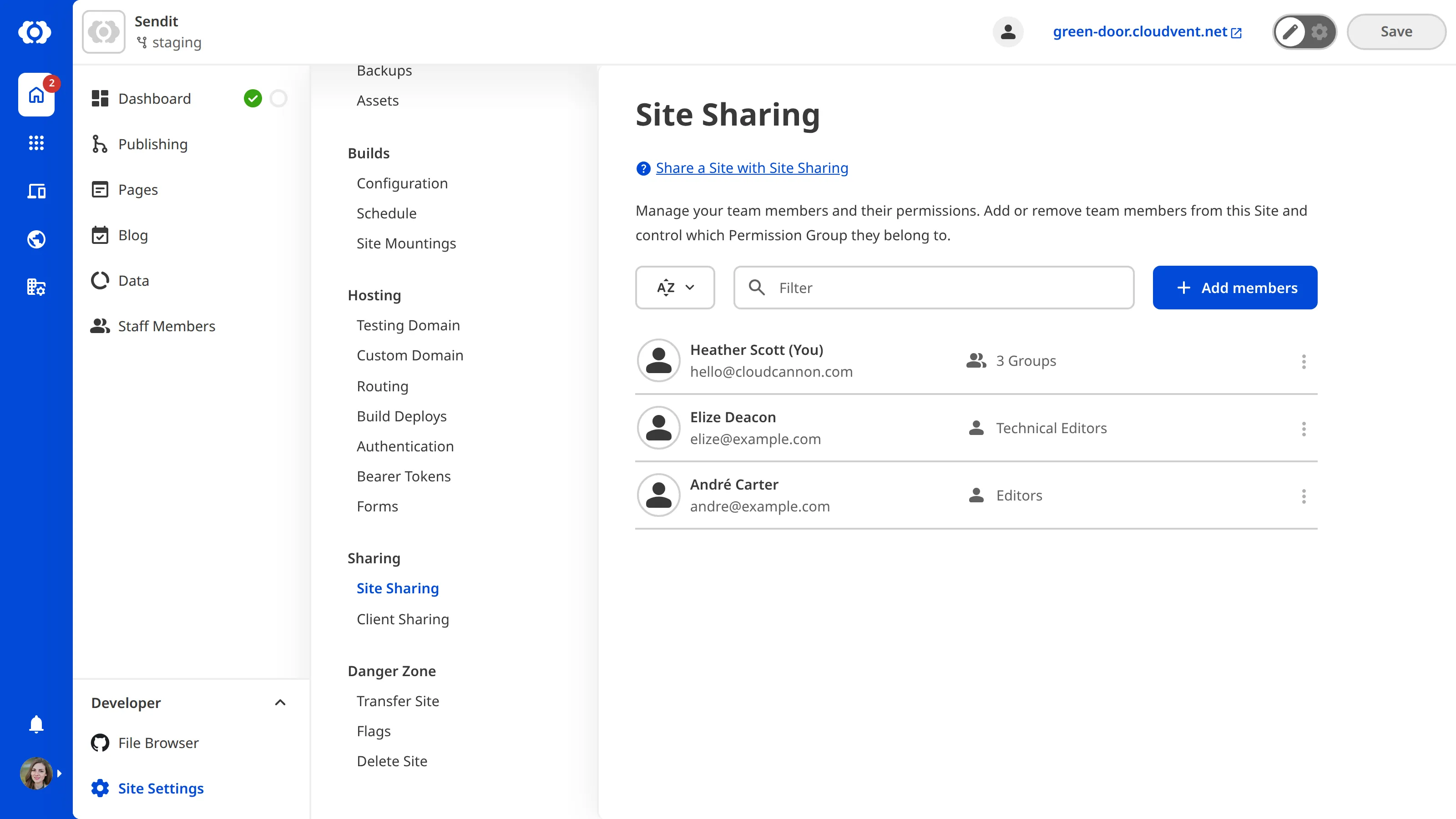 A screenshot of the Site Sharing page shows team members who have access to this site.