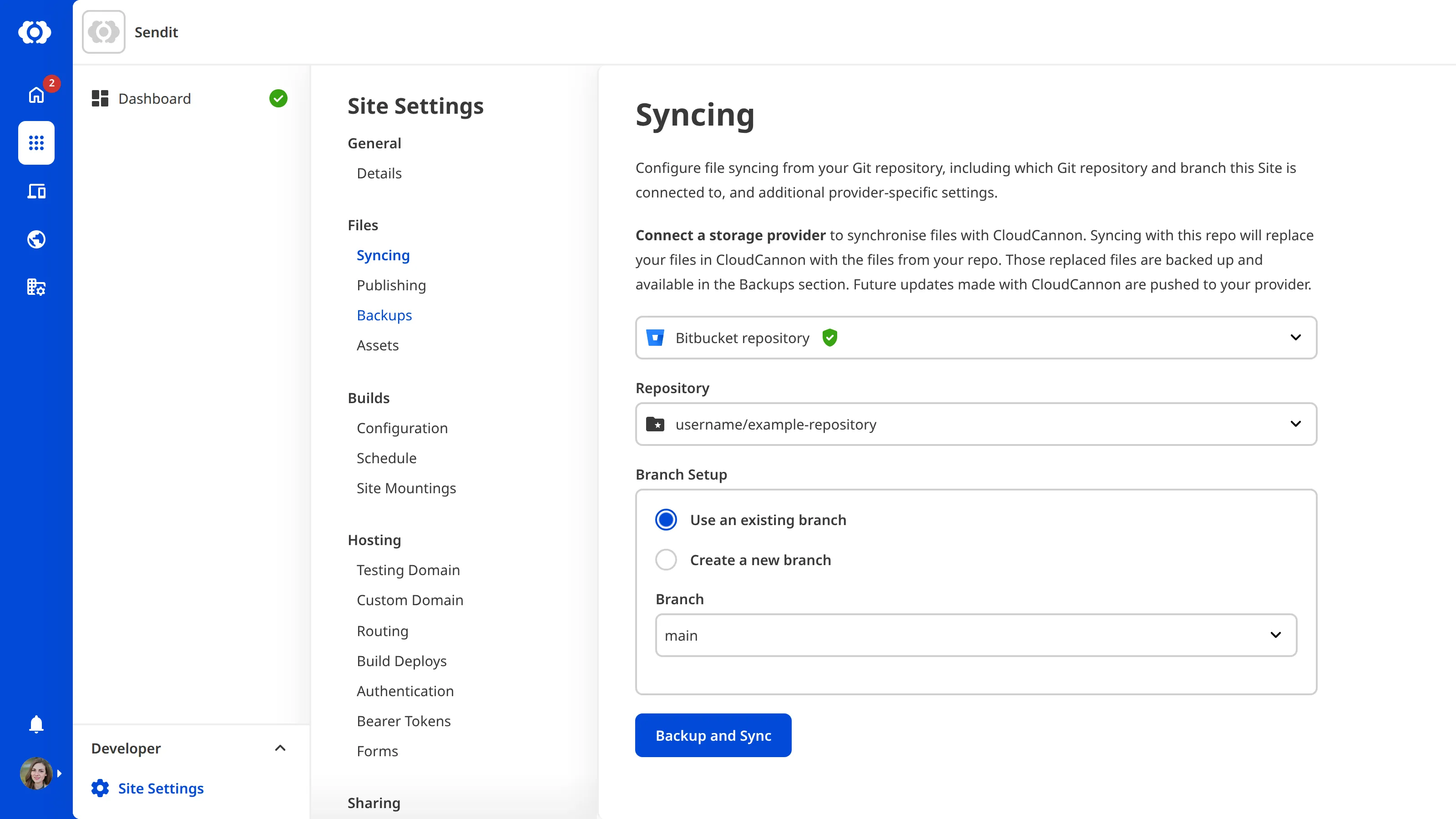 The Site Settings Syncing page with a Bitbucket repository selected from the repository dropdown.