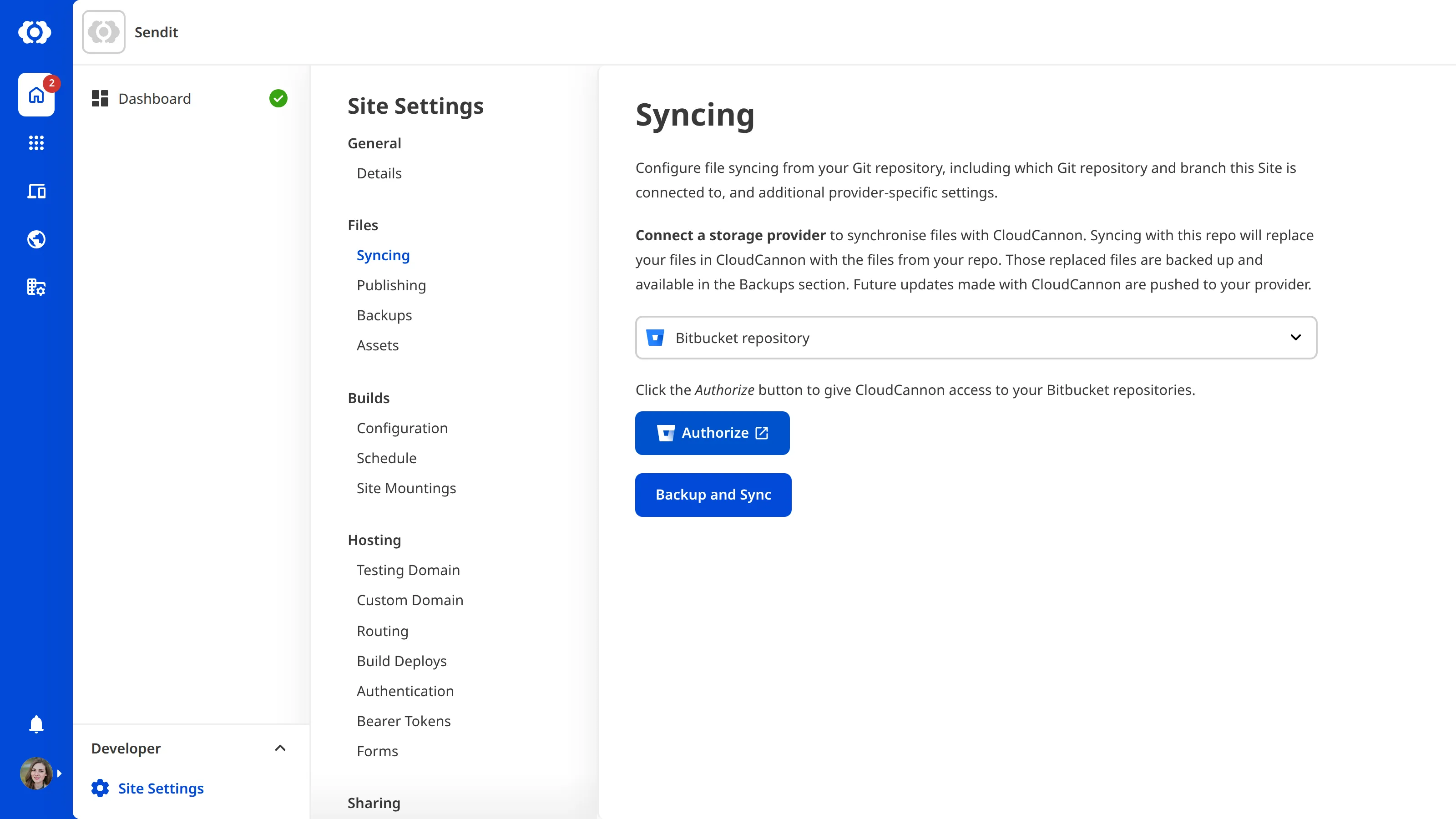 The Site Settings Syncing page with Bitbucket repository selected from the provider dropdown and an Authenticate button.