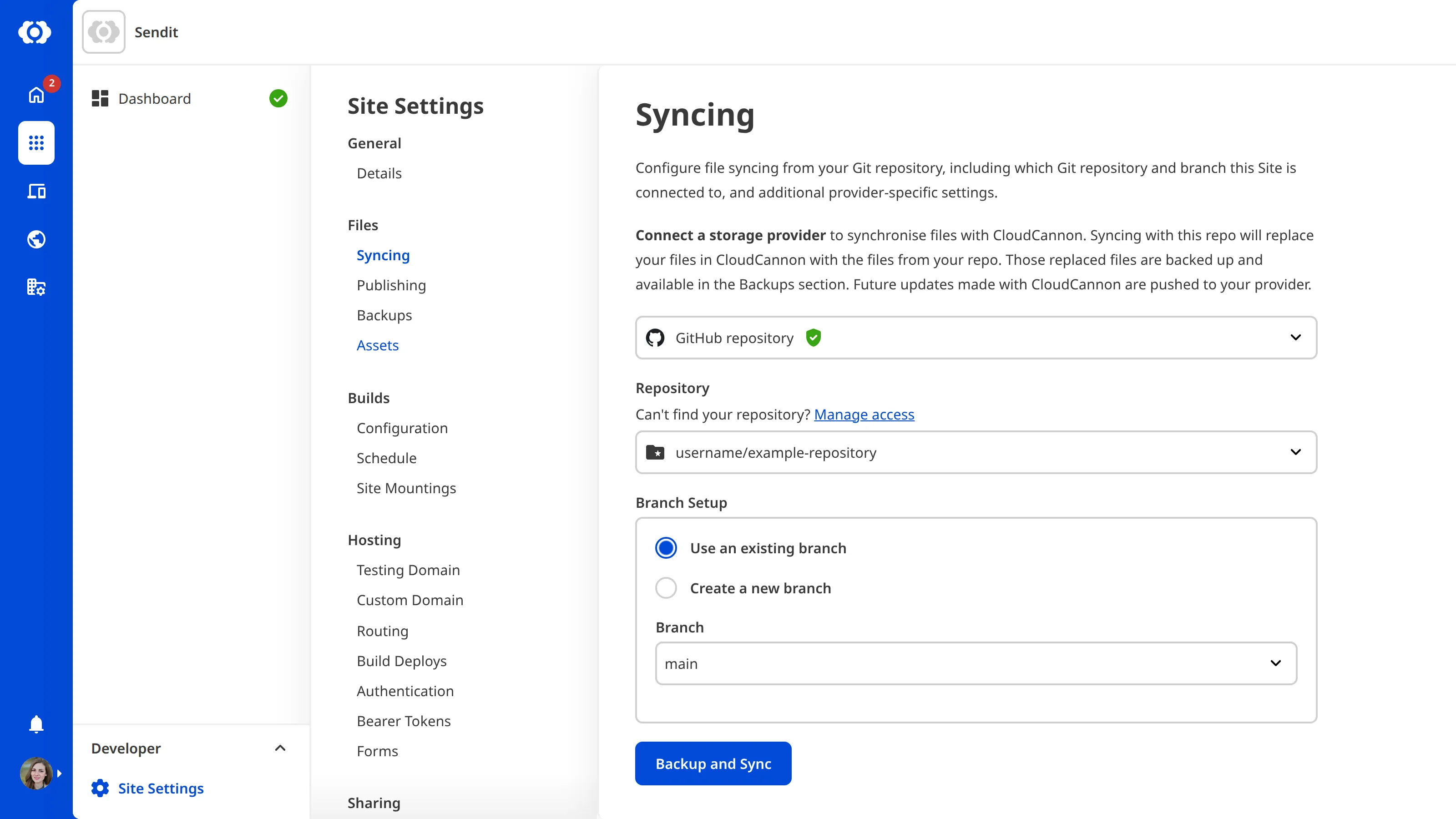 The Site Settings Syncing page with a GitHub repository selected from the repository dropdown, showing the Configure the GitHub App link.