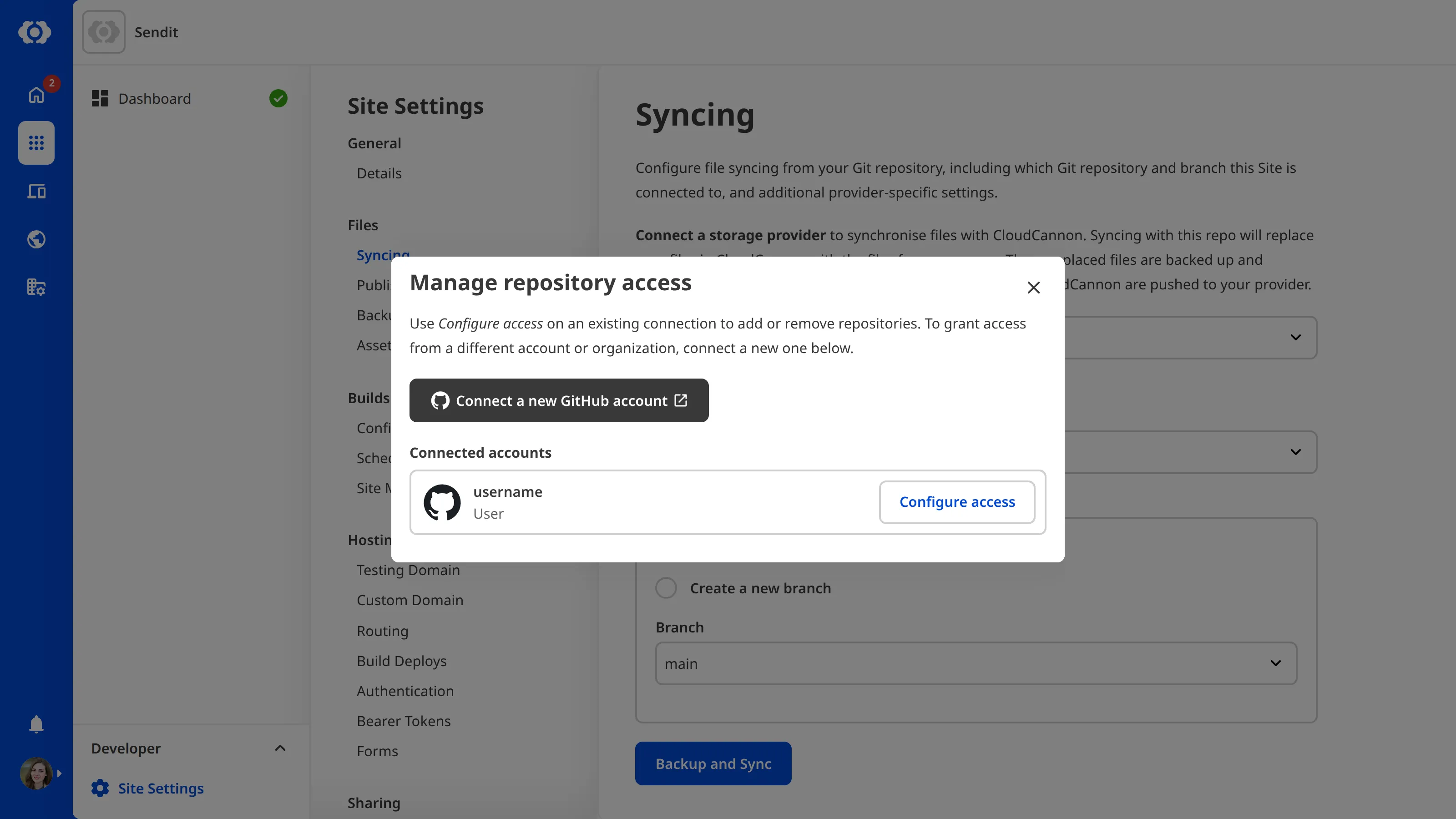 The Installed GitHub App modal showing existing installations with a Configure access button.