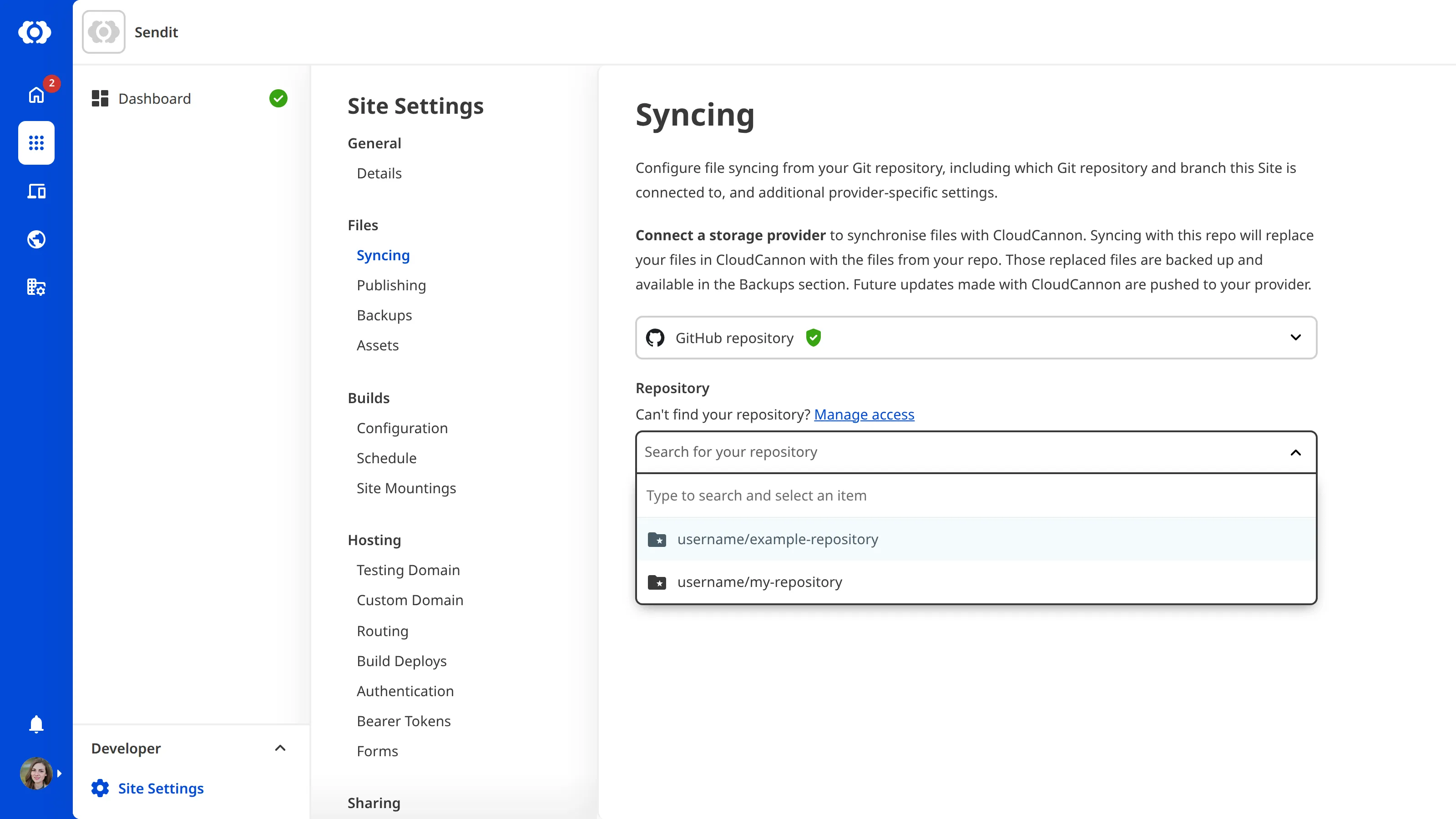 The Site Settings Syncing page with GitHub authenticated and a prompt to install the GitHub App to grant repository access.