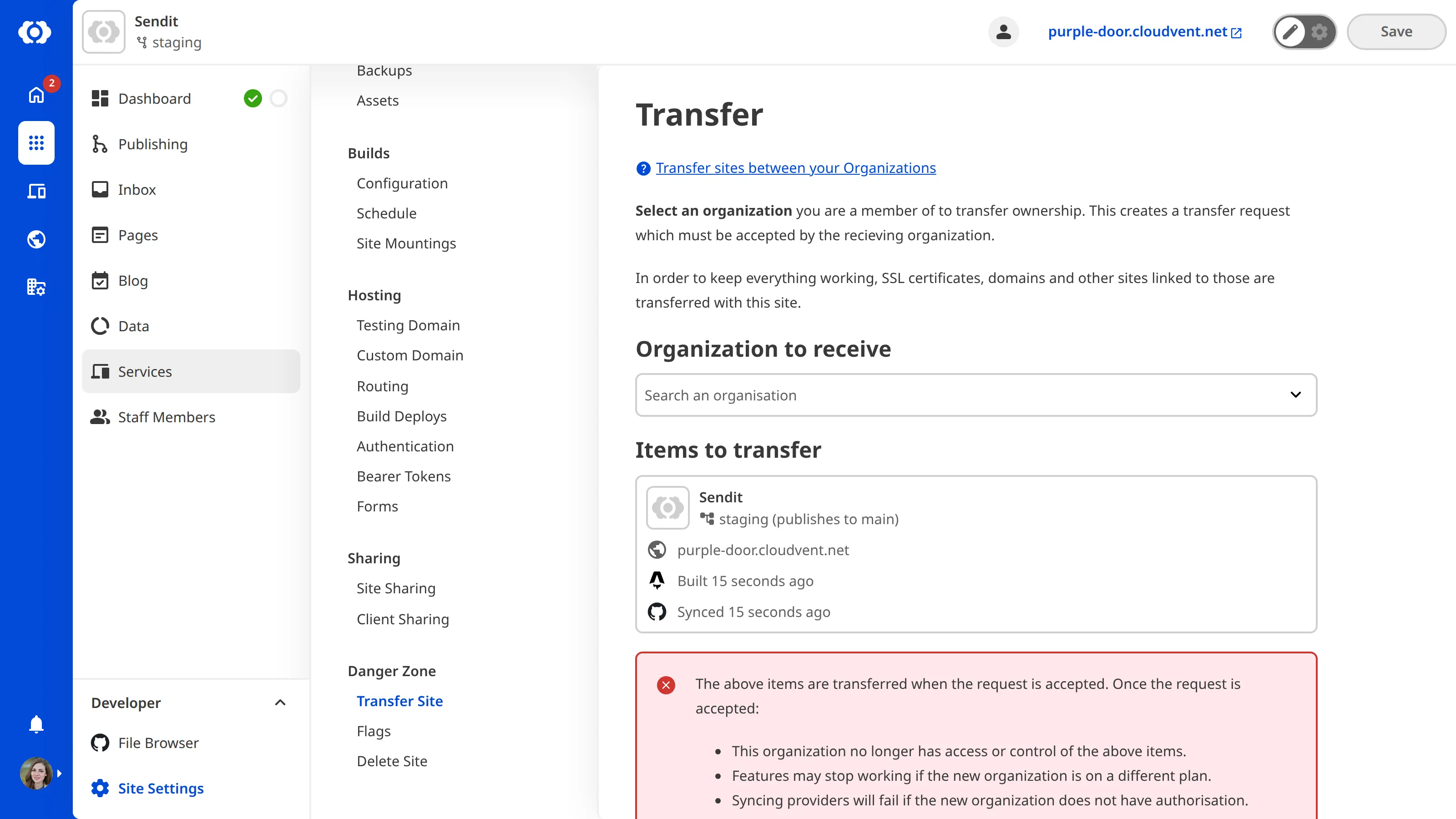 Screenshot of site transfer interface