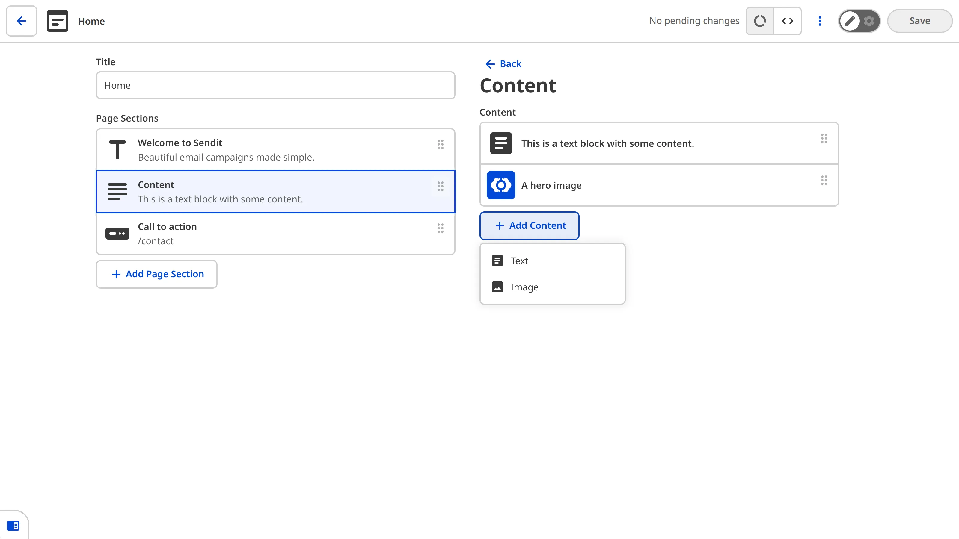 The sidebar of the Content Editor shows nested structure options within the Content item, with Text and Image sub-elements.