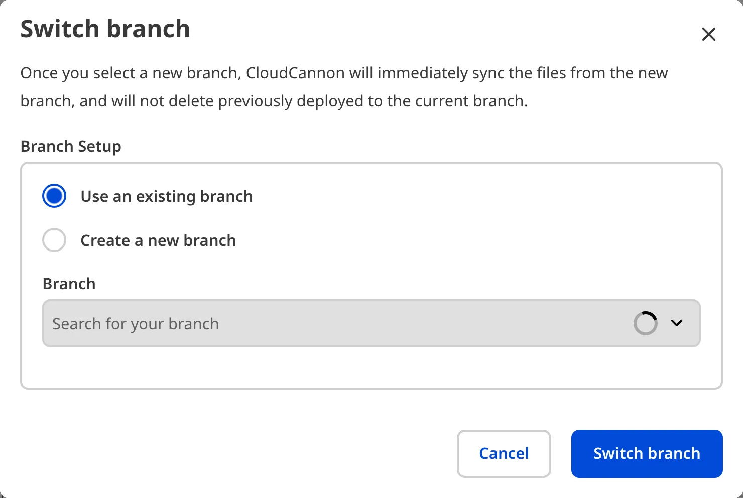 A screenshot of the Switch branch modal shows options to use an existing branch or create a new branch, with a branch dropdown and action buttons.