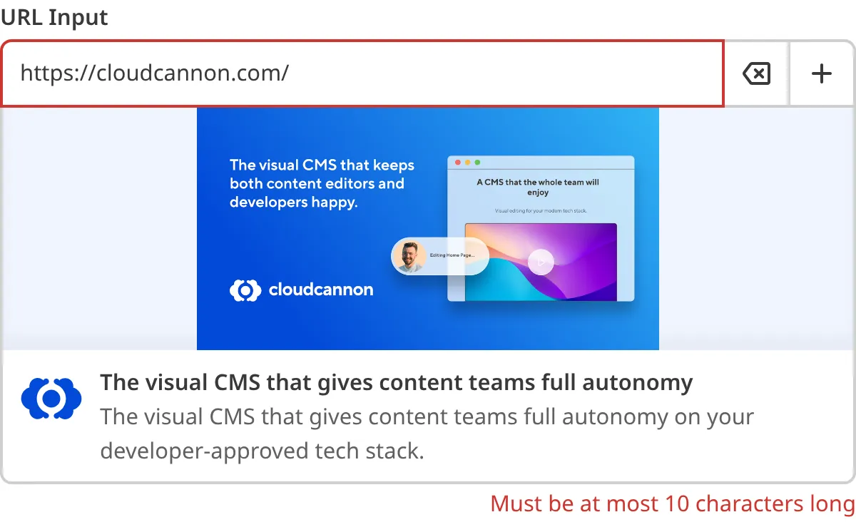 A screenshot of the URL input in the Data Editor shows that the value does not meet maximum length requirements.