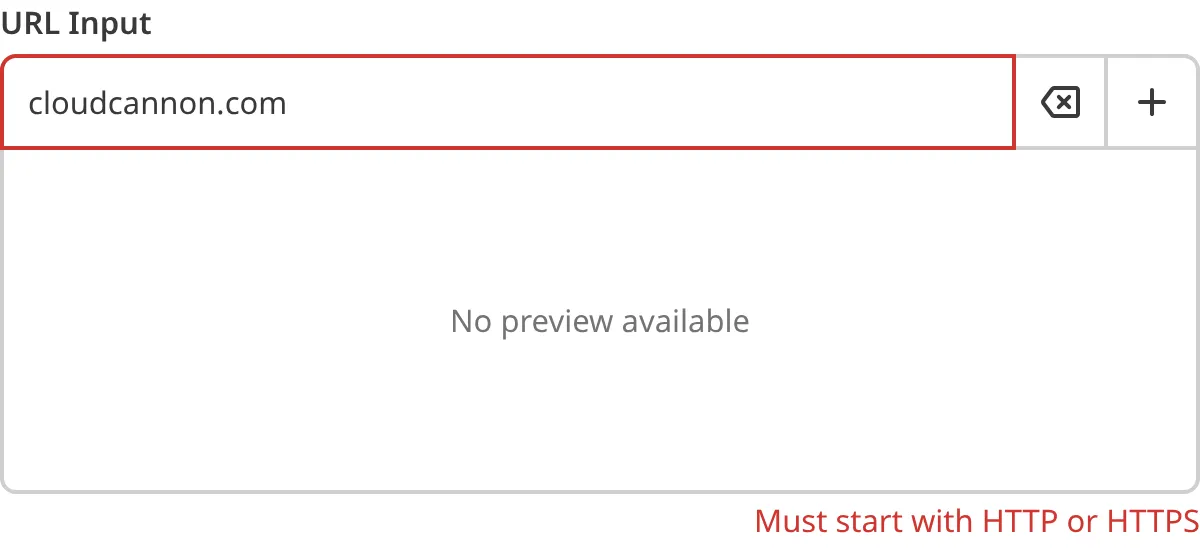 A screenshot of the URL Input in the Data Editor shows an error message as the value does not match the configured pattern.