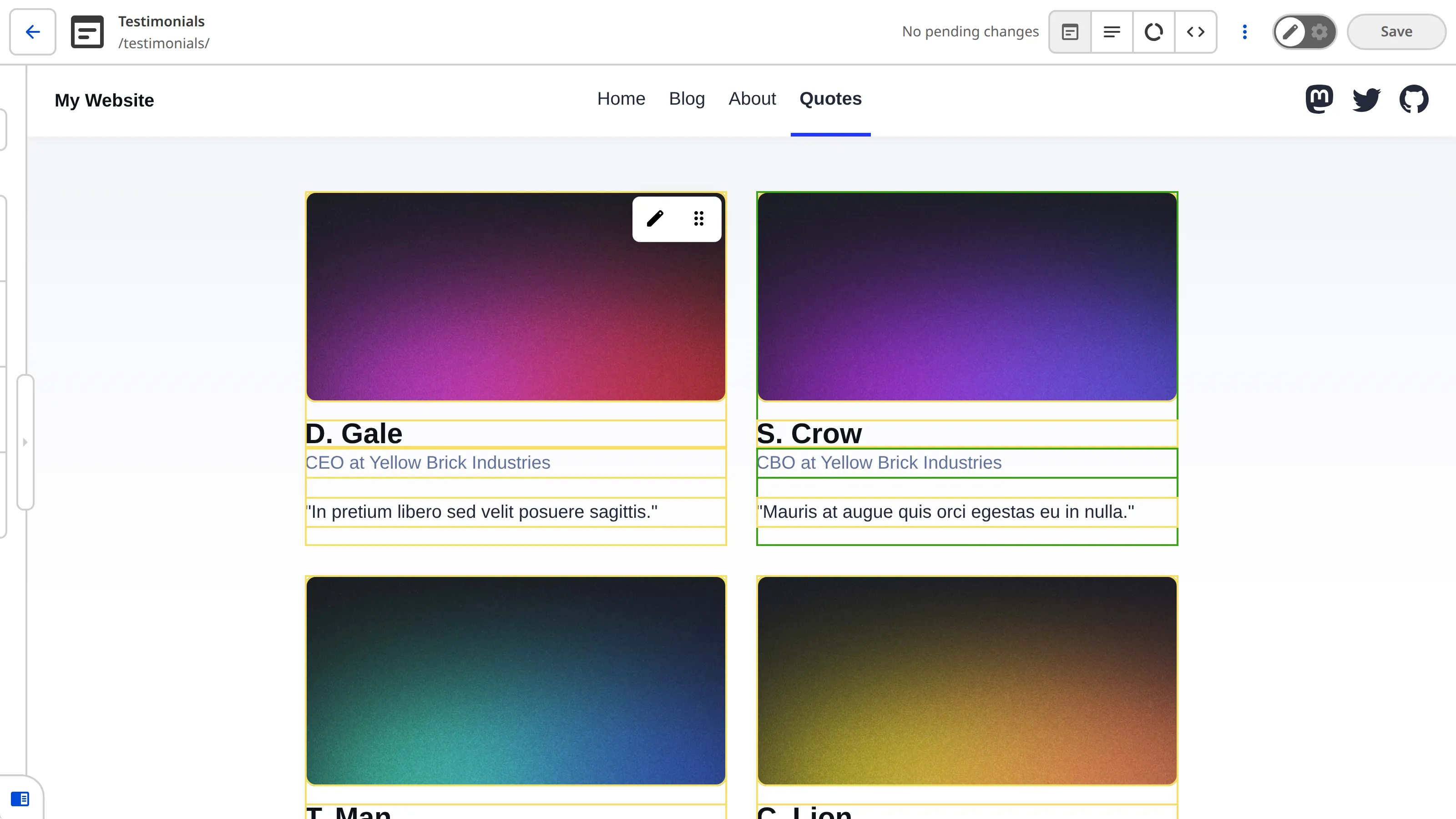 A screenshot of the Visual Editor shows yellow Editable Region boxes around the array items, text, and images on the Quotes webpage.