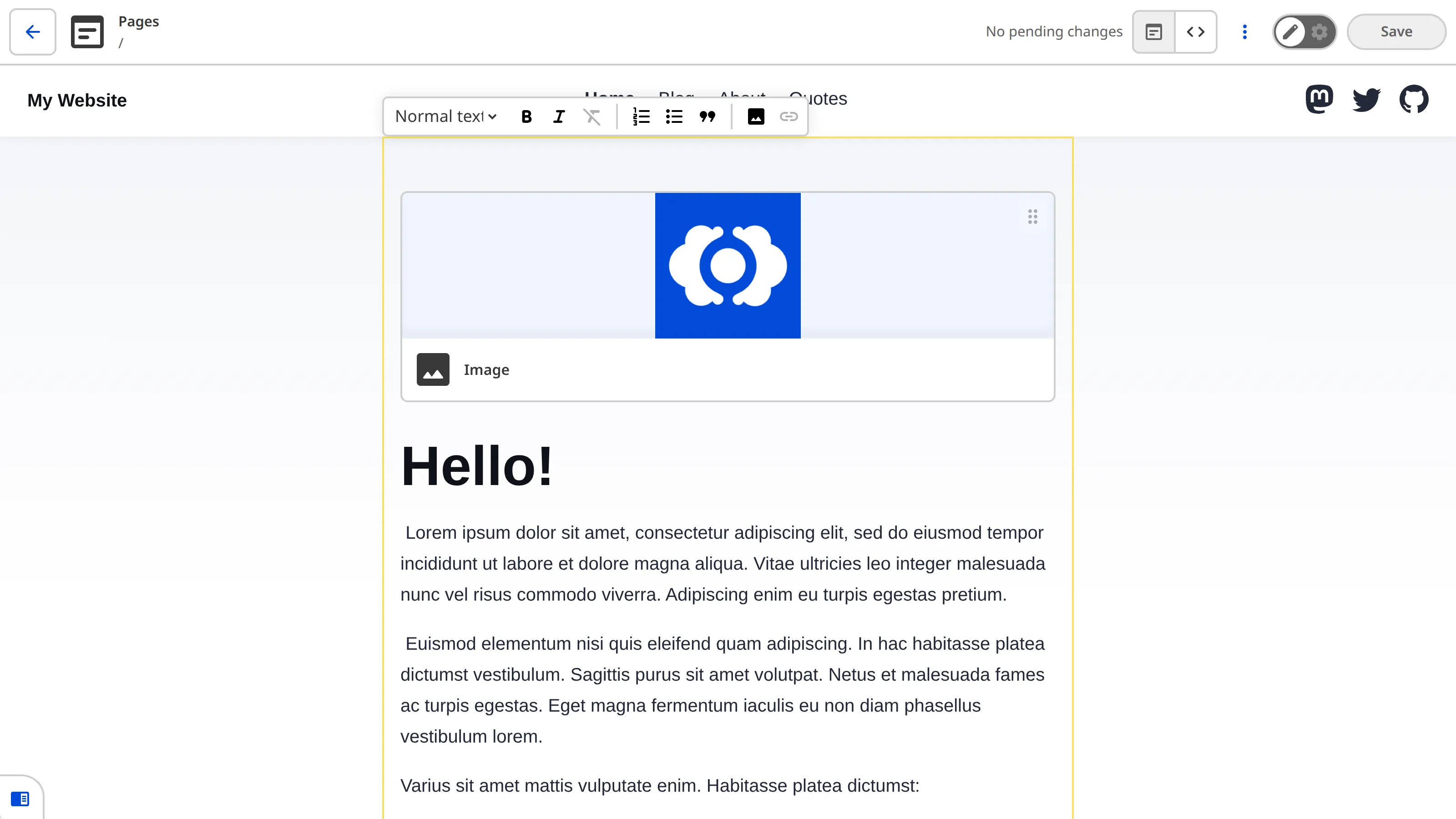 A screenshot of the Visual Editor shows yellow Editable Region boxes around the rich text content on the Home webpage.