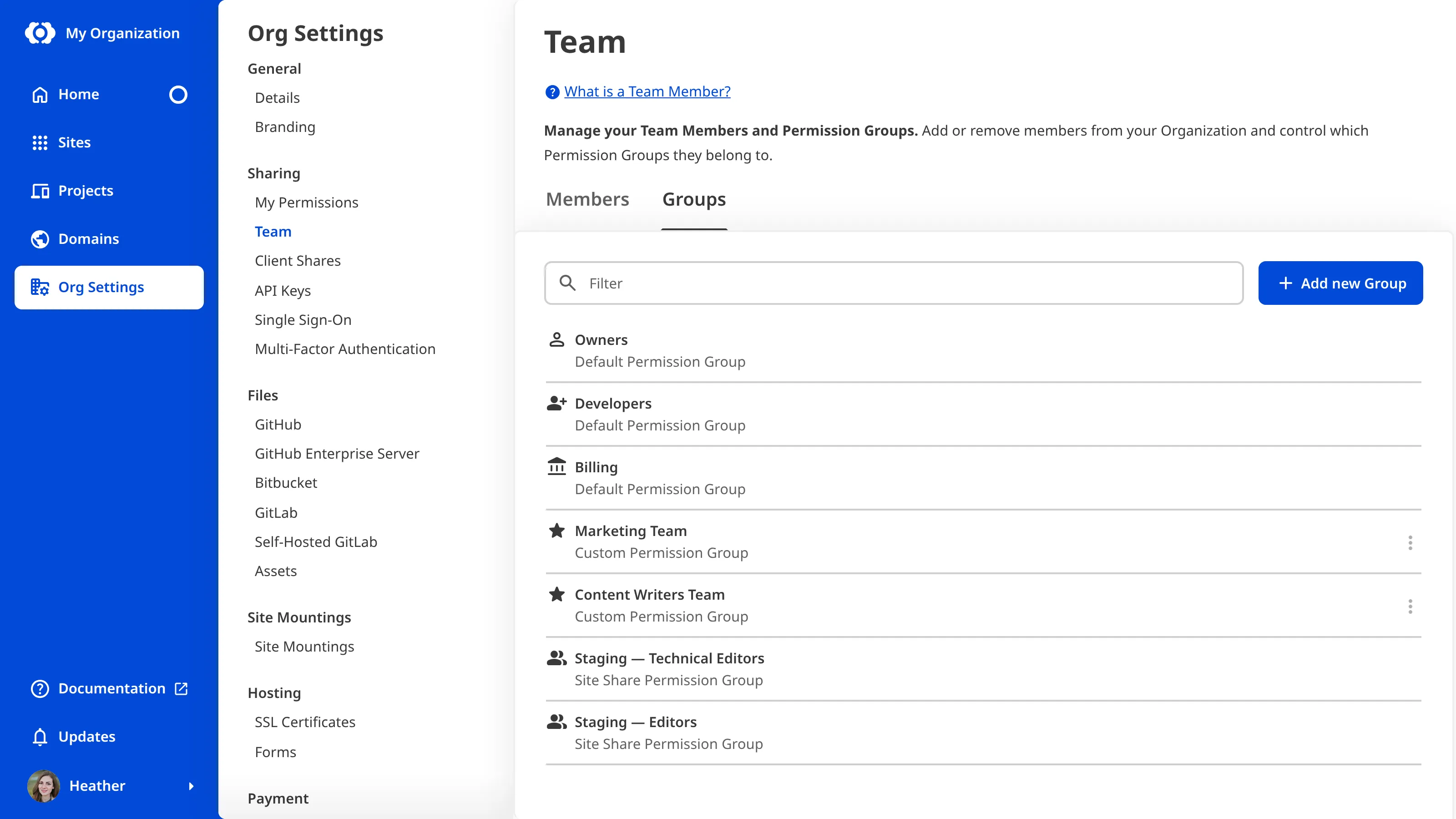 The Groups tab on the Team page A screenshot of the Groups tab on the Team page shows a list of Permission Groups.