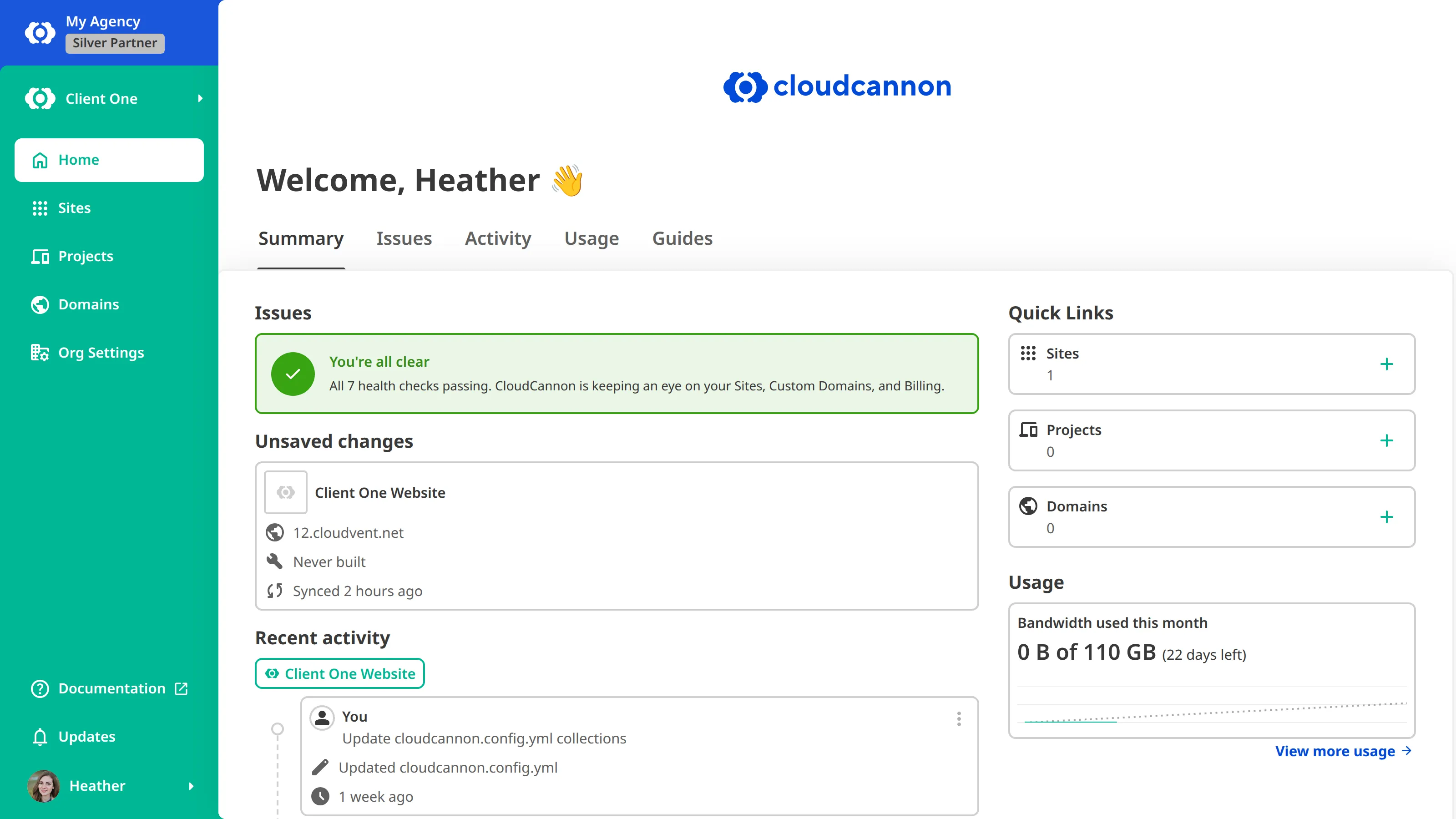 A screenshot of a Client Organization's Organization Home page shows its Summary tab with health checks, unsaved changes, recent activity, and usage, and a Partner Organization card above the Client Organization card in the App Sidebar.