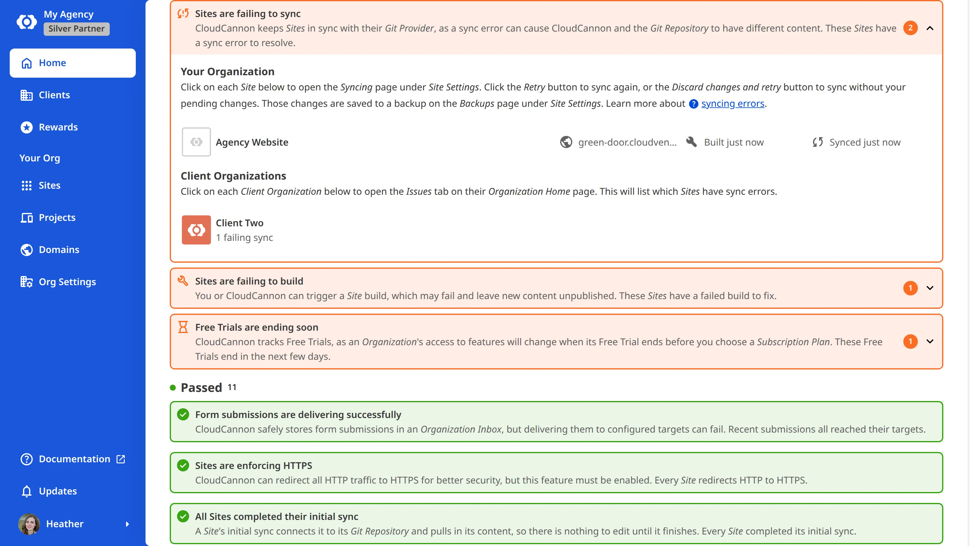 A screenshot of an expanded health check on the Issues tab shows the affected Sites under Your Organization and the affected clients under Client Organizations.