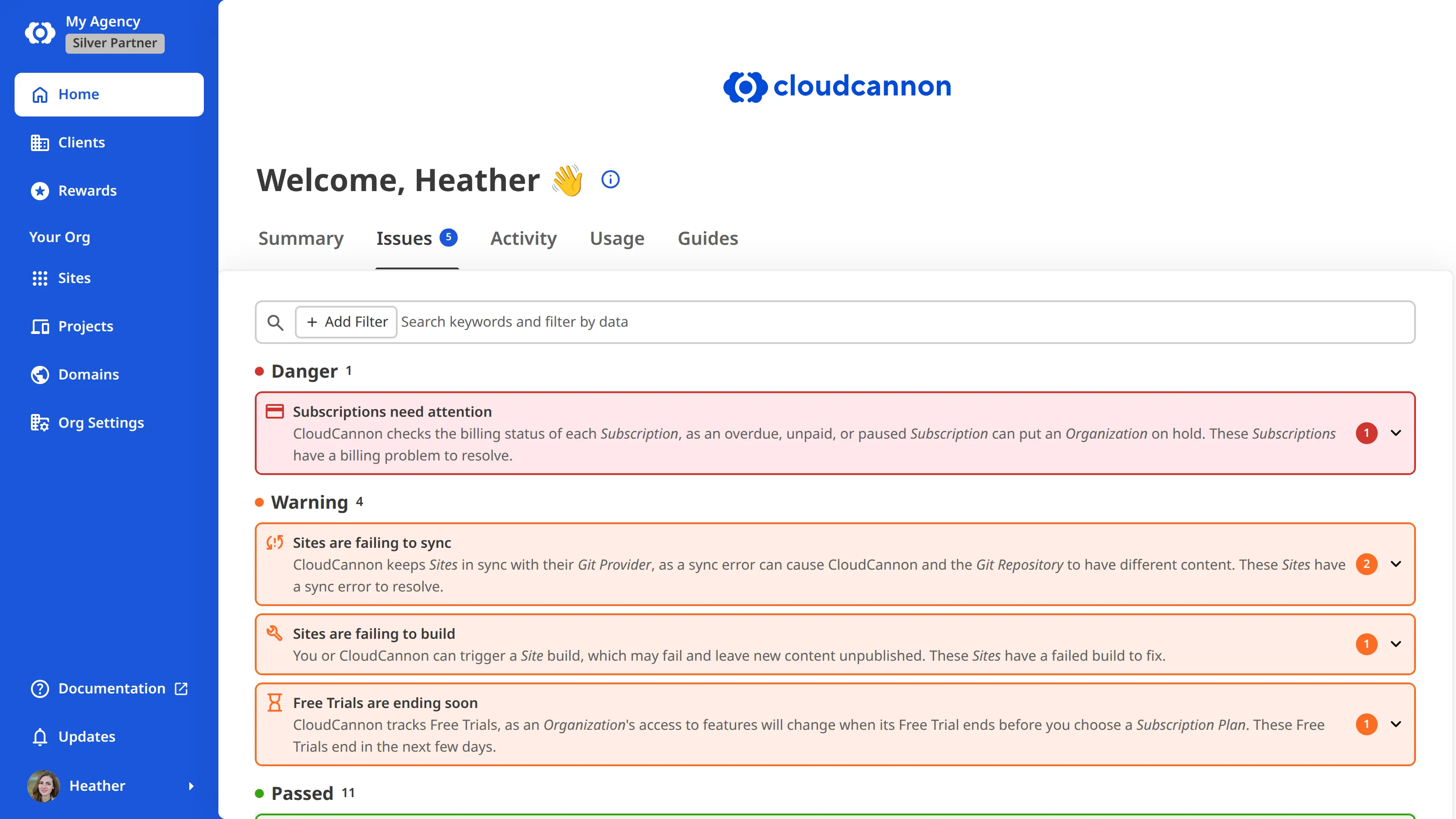 A screenshot of the Issues tab on a Partner Organization's Organization Home page shows health checks grouped under Danger, Warning, and Passed.