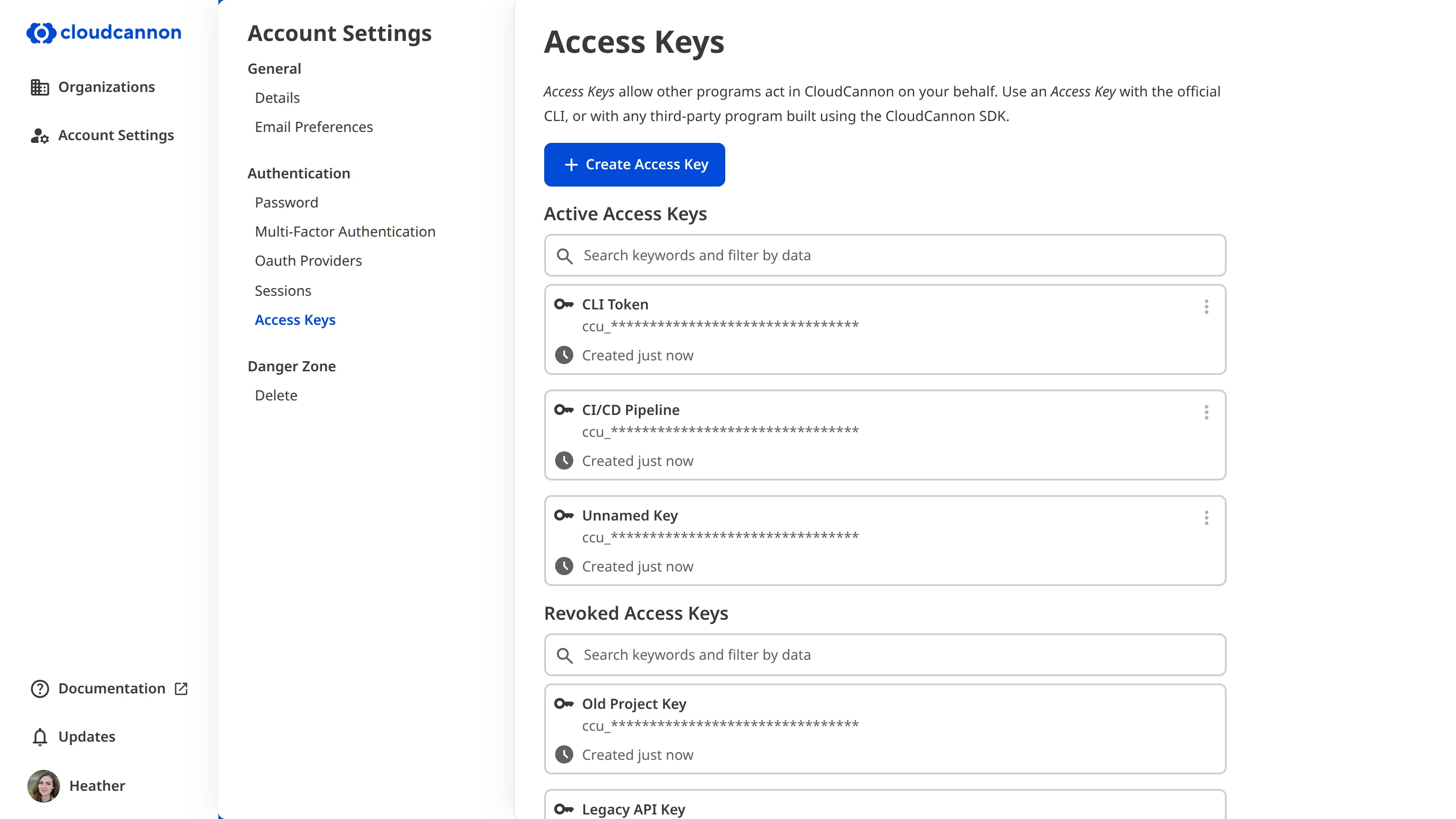 A screenshot of the Access Keys page in Account Settings shows the Create Access Key button above the Active Access Keys and Revoked Access Keys lists.