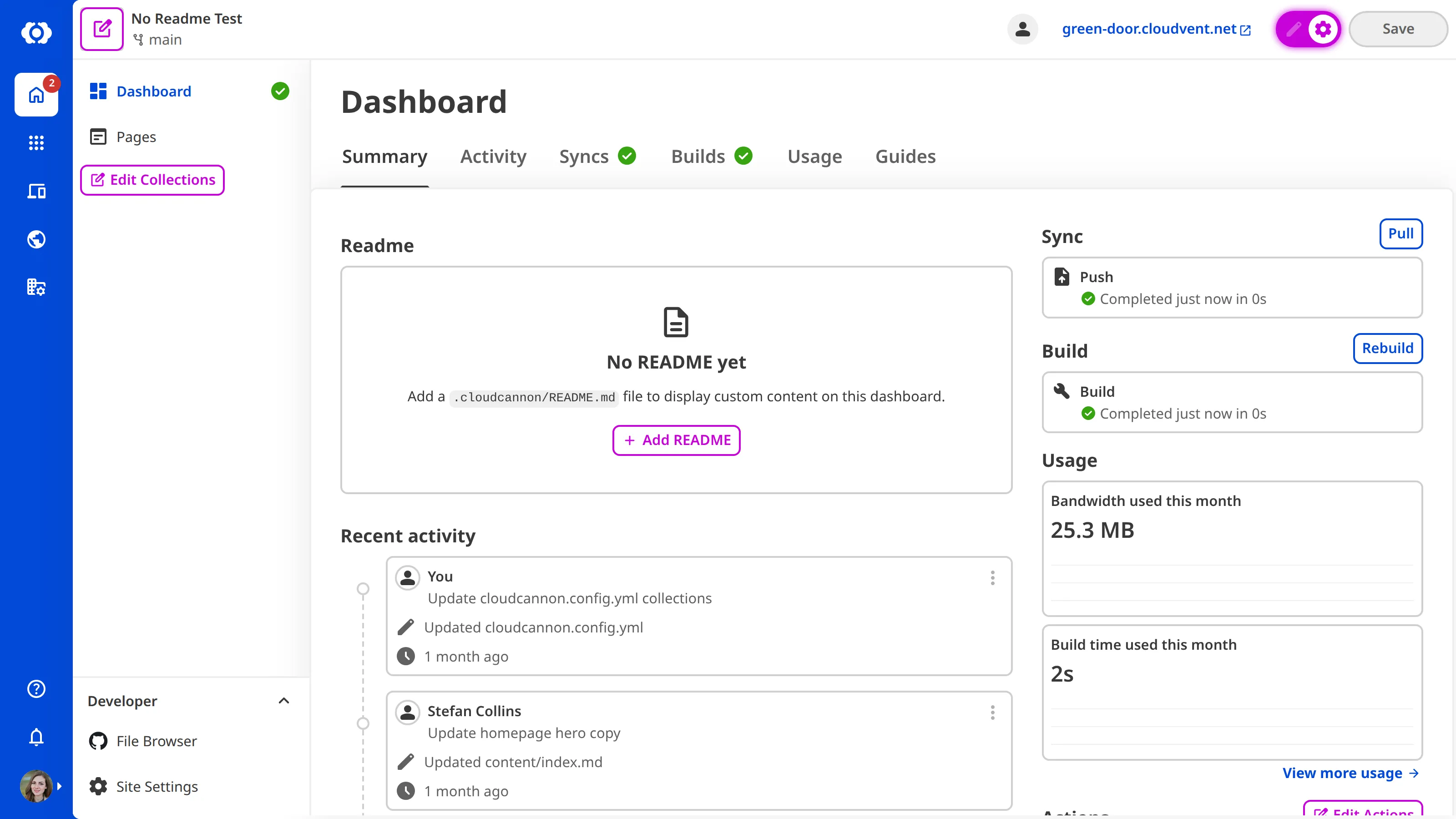 A screenshot of the Site Dashboard with Configuration Mode on shows a purple + Add README button.