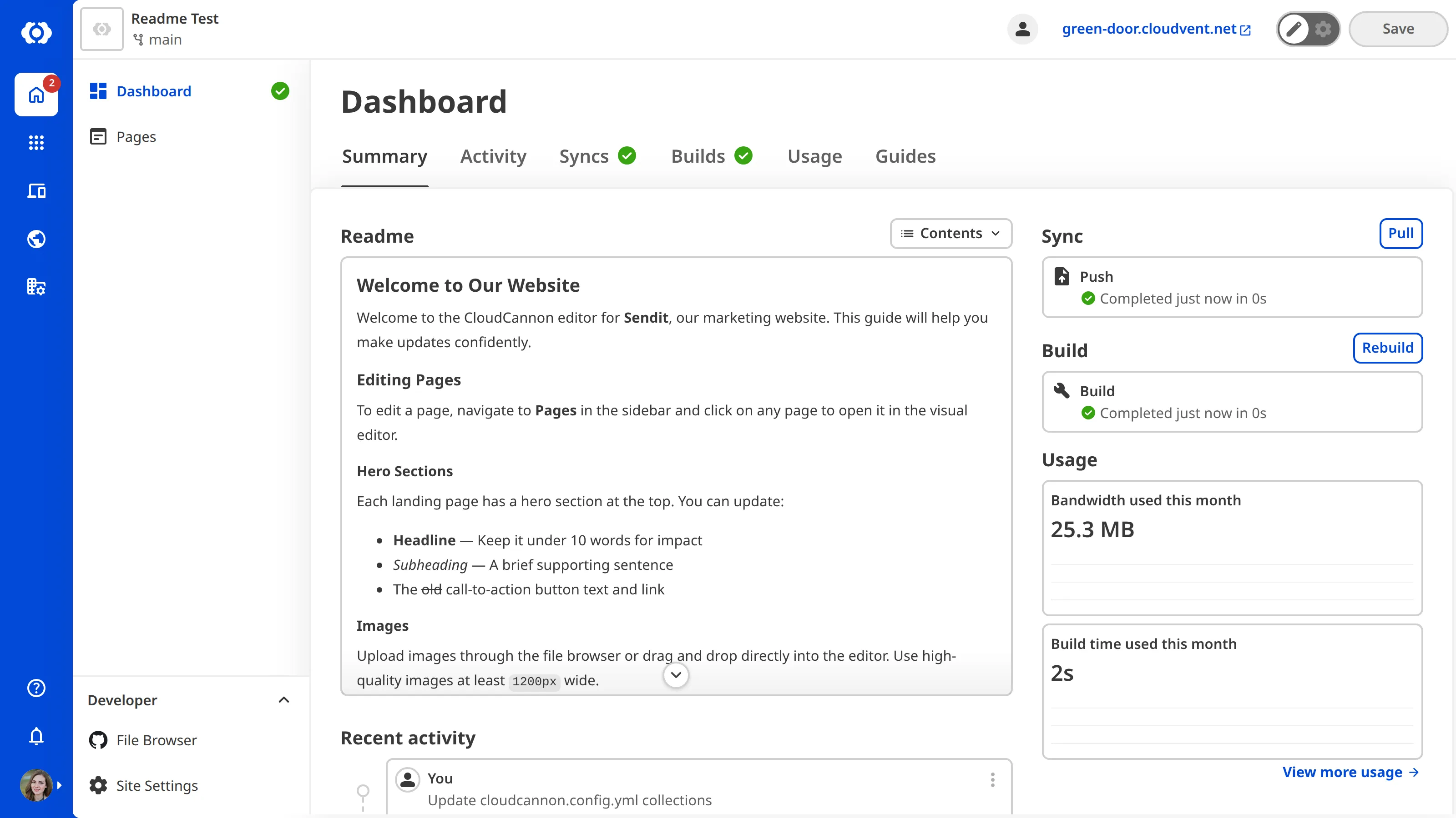 A screenshot of the Site Dashboard shows custom Markdown content at the top of the Summary tab.