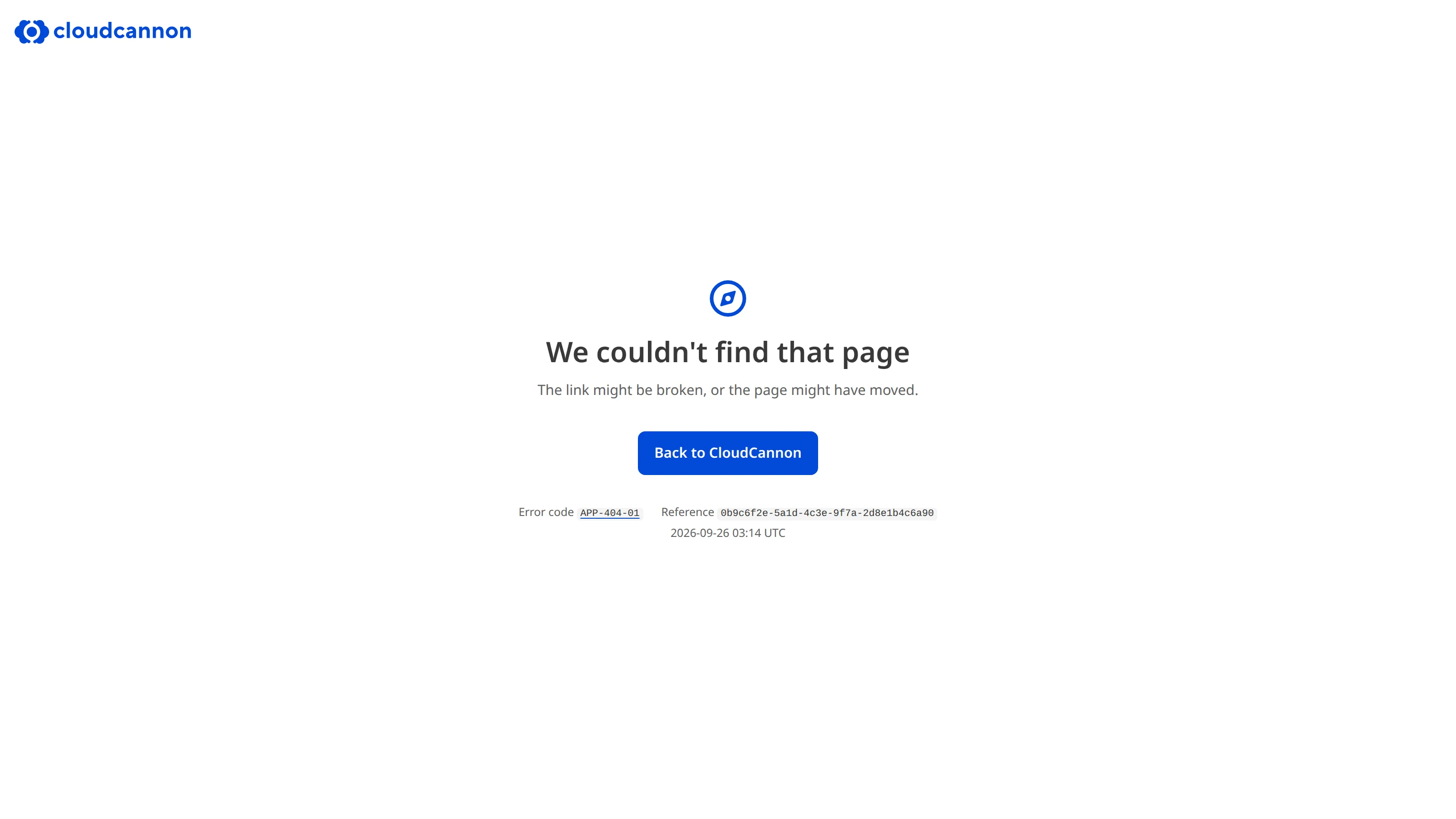 A screenshot of a CloudCannon app error page shows the CloudCannon logo, the heading We couldn't find that page, a Back to CloudCannon button, and the linked error code APP-404-01 followed by a Reference and the time in UTC.