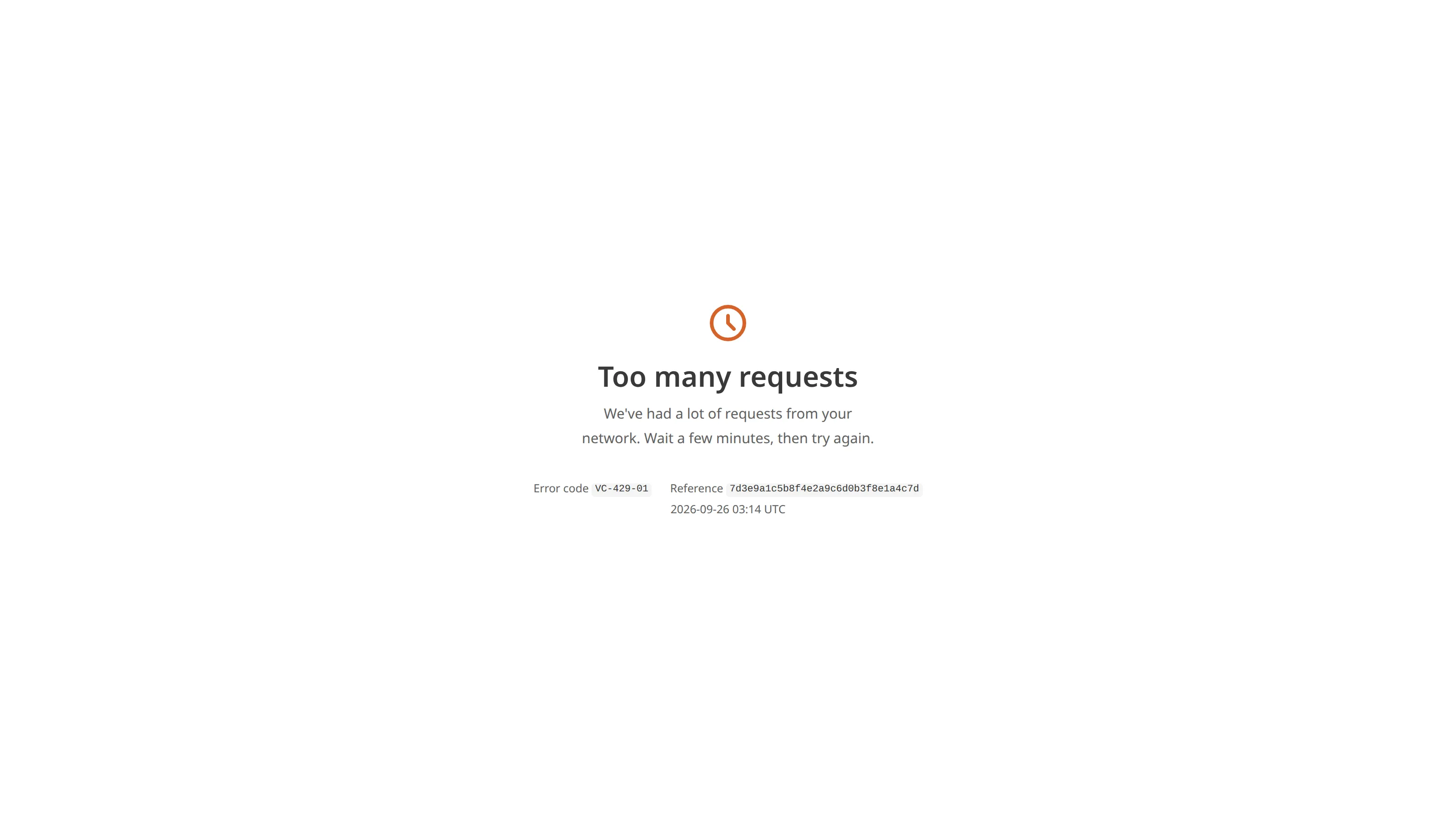 A screenshot of a hosting edge error page shows the heading Too many requests, a message asking the visitor to wait a few minutes before trying again, and the error code VC-429-01 followed by a Reference and the time in UTC.