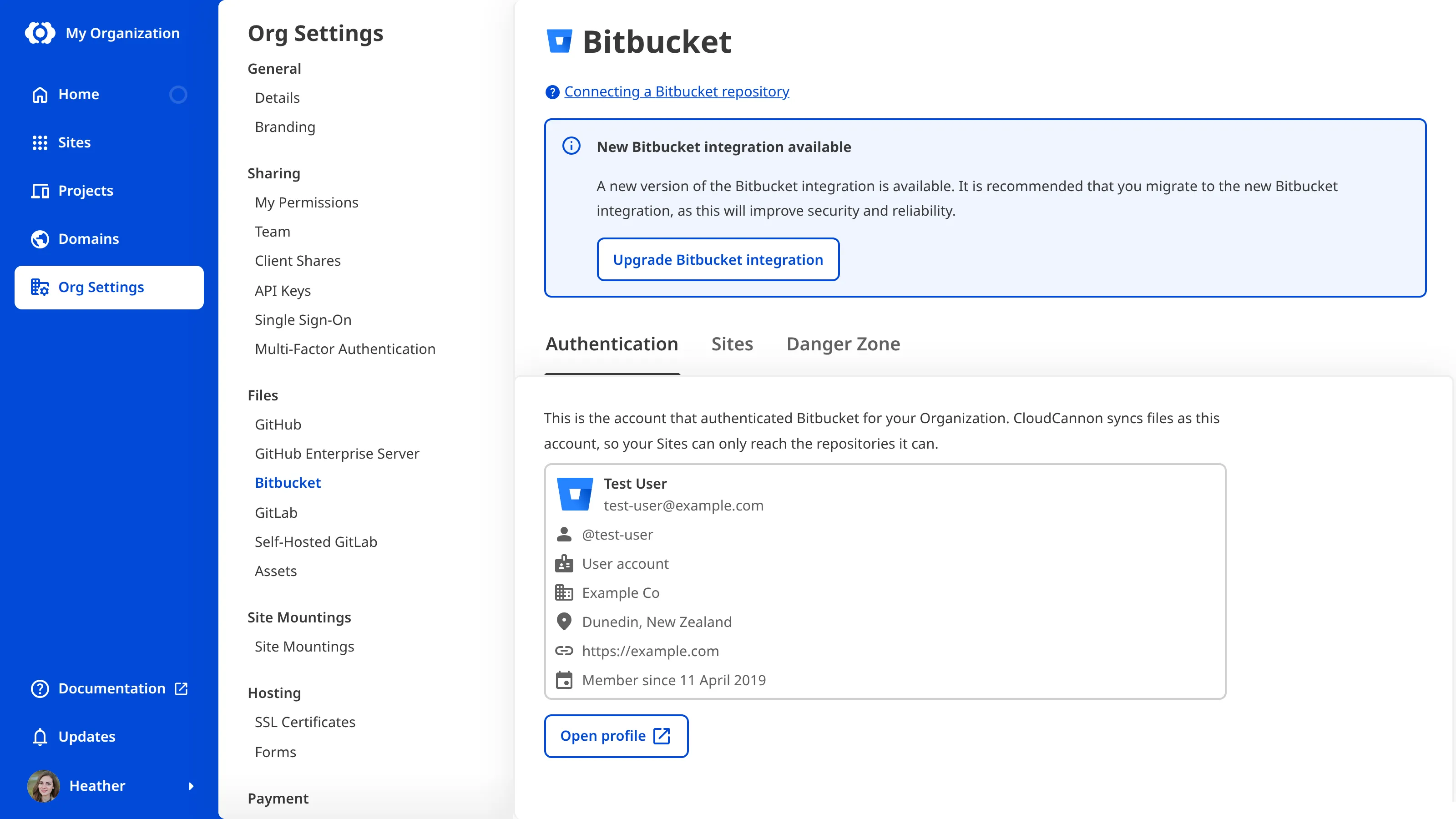 A screenshot of the Bitbucket page under Org Settings shows the New Bitbucket integration available notice with an Upgrade Bitbucket integration button, below the page heading and above the Authentication, Sites, and Danger Zone tabs.