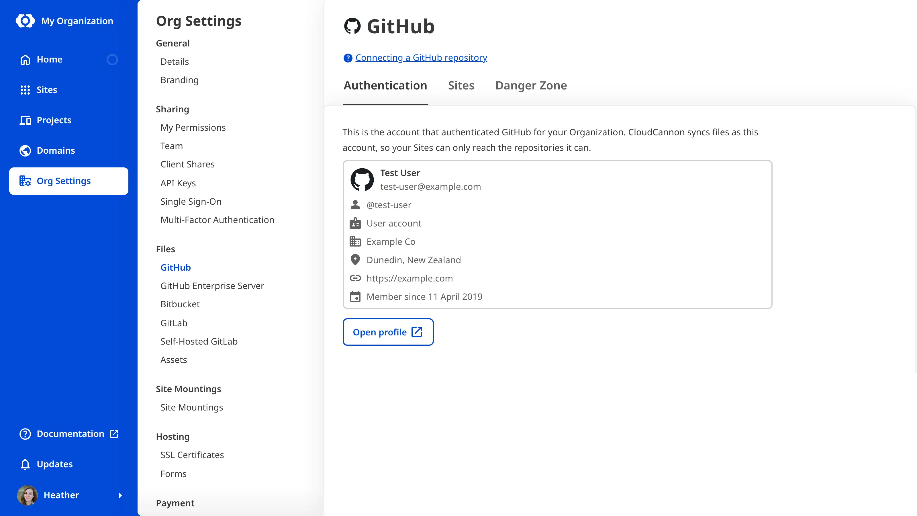 A screenshot of the Authentication tab on the GitHub page under Org Settings shows the connected account's name, email, username, and an Open profile button.