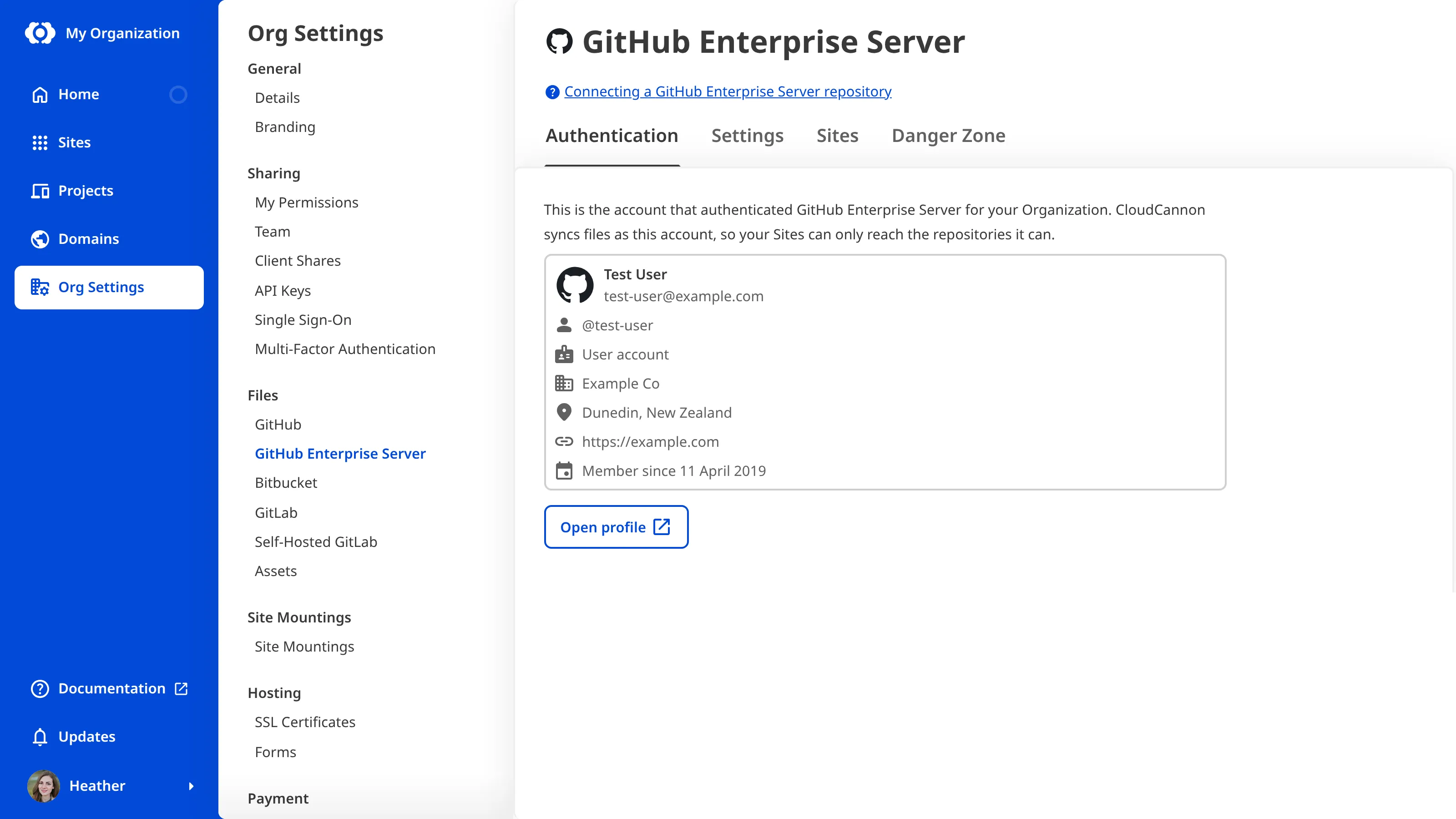 A screenshot of the GitHub Enterprise Server page under Org Settings shows the configured and authenticated state with the Authentication, Settings, Sites, and Danger Zone tabs.