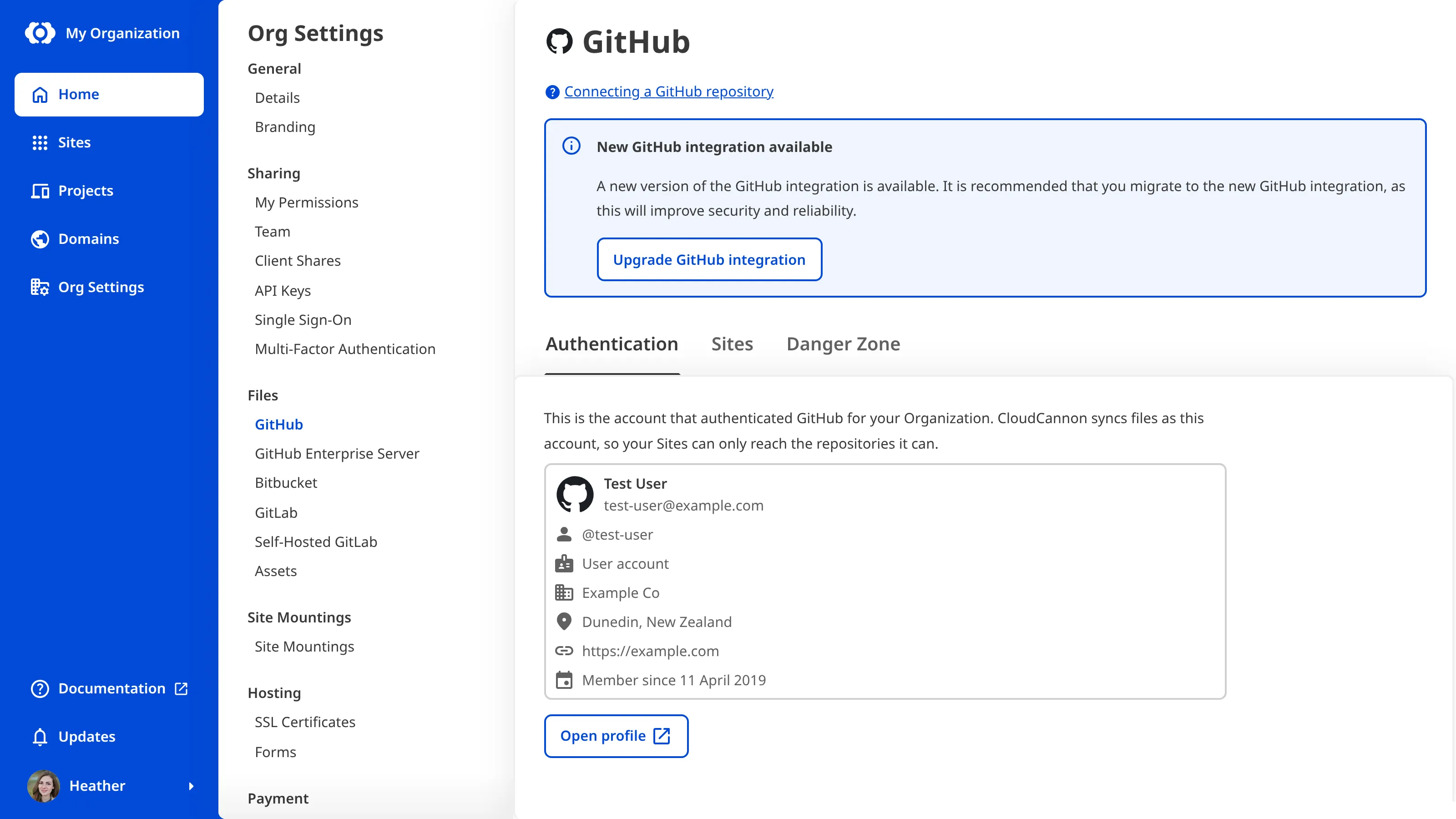 A screenshot of the GitHub page under Org Settings shows the New GitHub integration available notice with an Upgrade GitHub integration button, below the page heading and above the tabs.