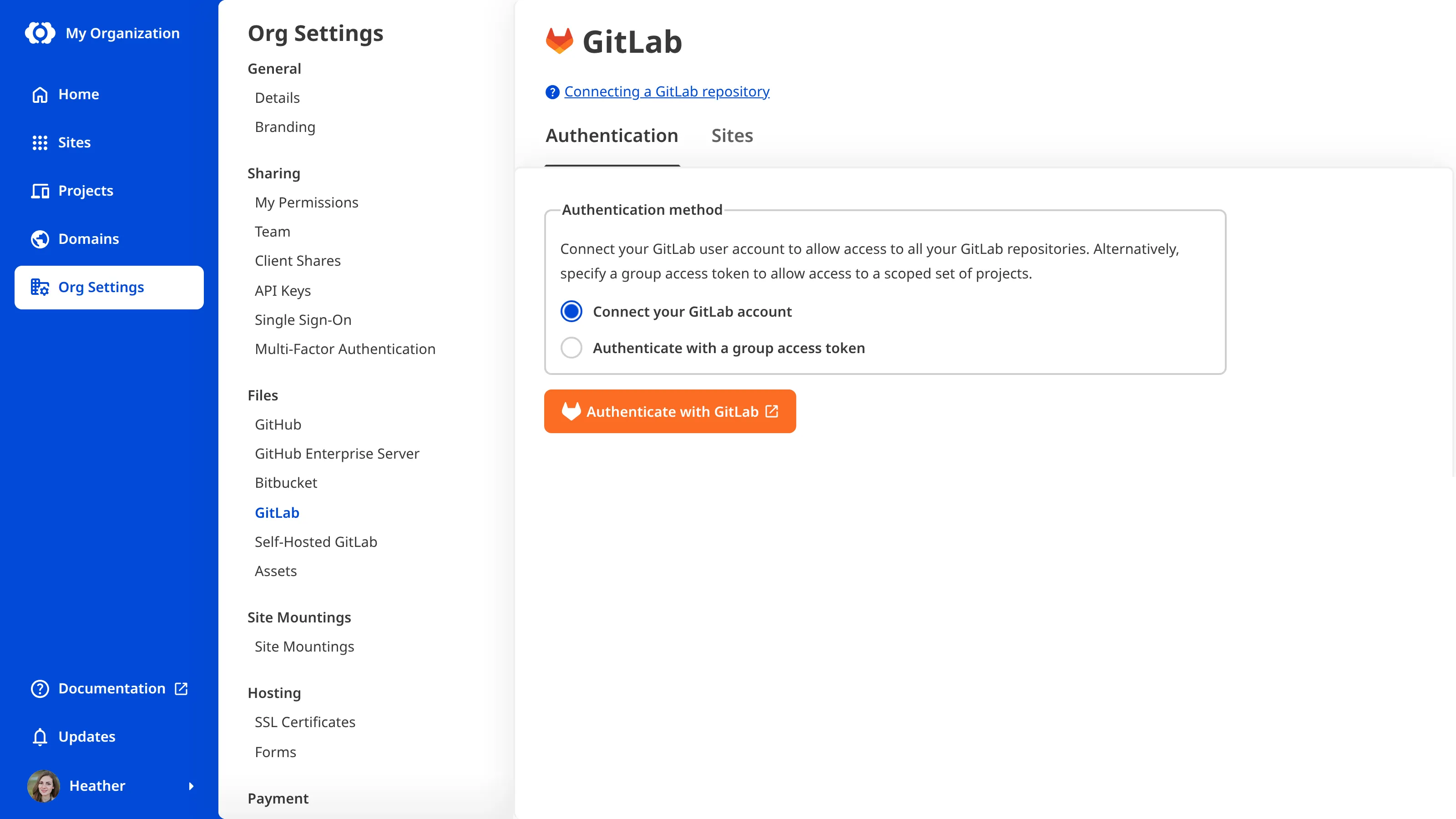 A screenshot of the GitLab authentication options shows the Connect your GitLab account method with an Authenticate with GitLab button.