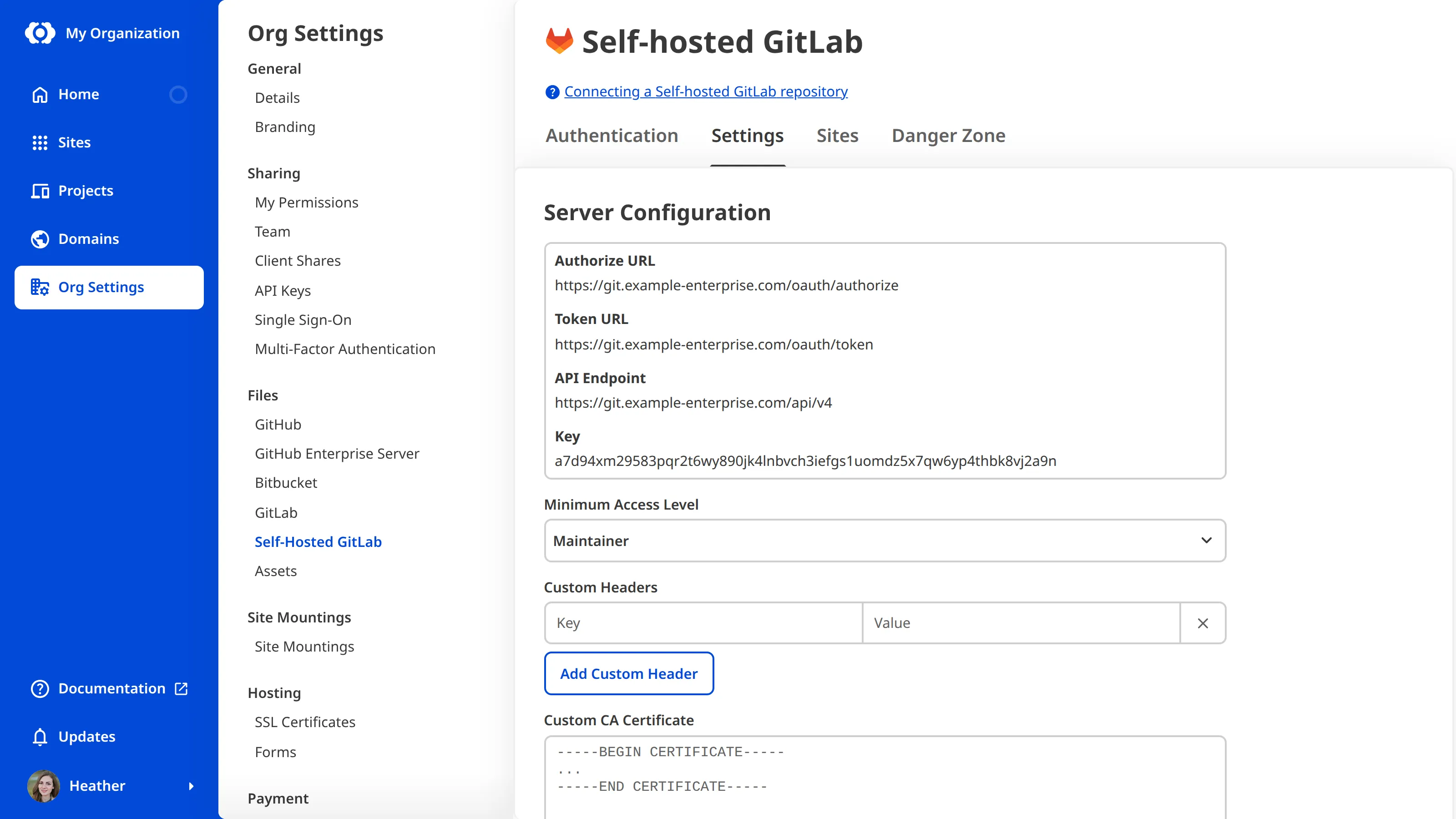 A screenshot of the Settings tab on the Self-Hosted GitLab page under Org Settings shows the Server Configuration details and the Minimum Access Level, Custom Headers, and Custom CA Certificate options.