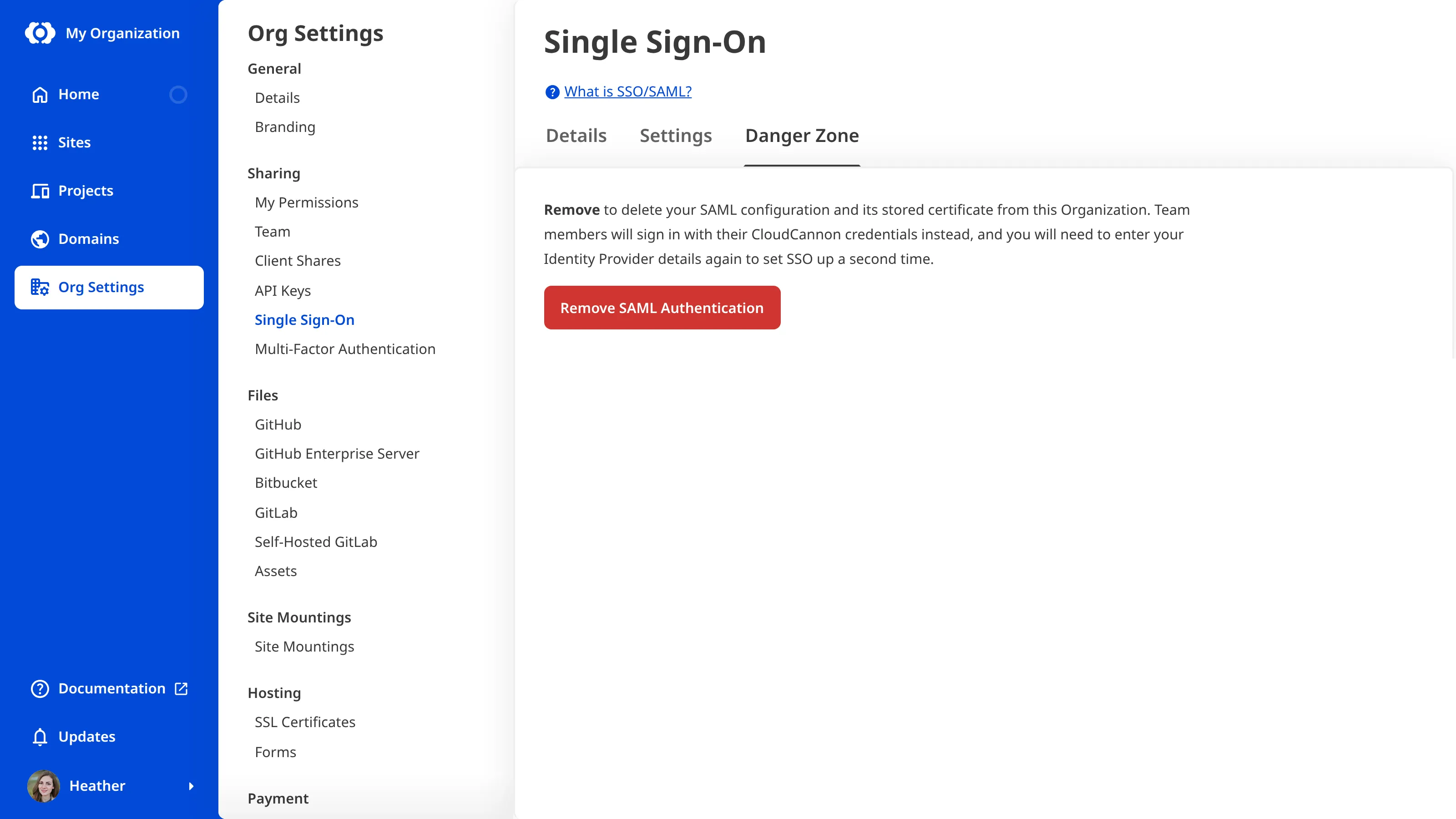 A screenshot of the Danger Zone Tab on the Single Sign-On page shows the Remove SAML Authentication button.