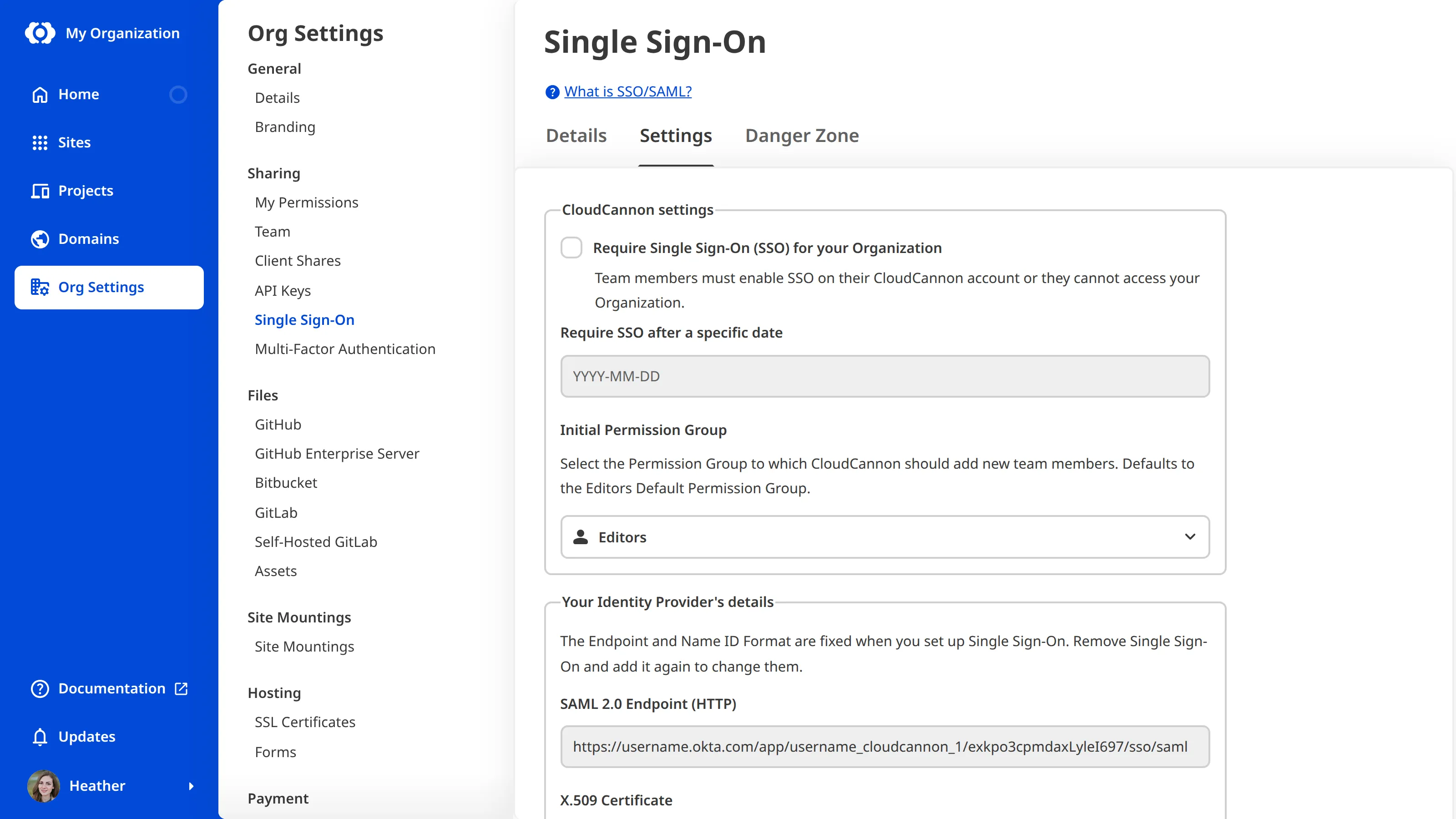 A screenshot of the Settings Tab on the Single Sign-On page shows the Require Single Sign-On (SSO) for your Organization checkbox.