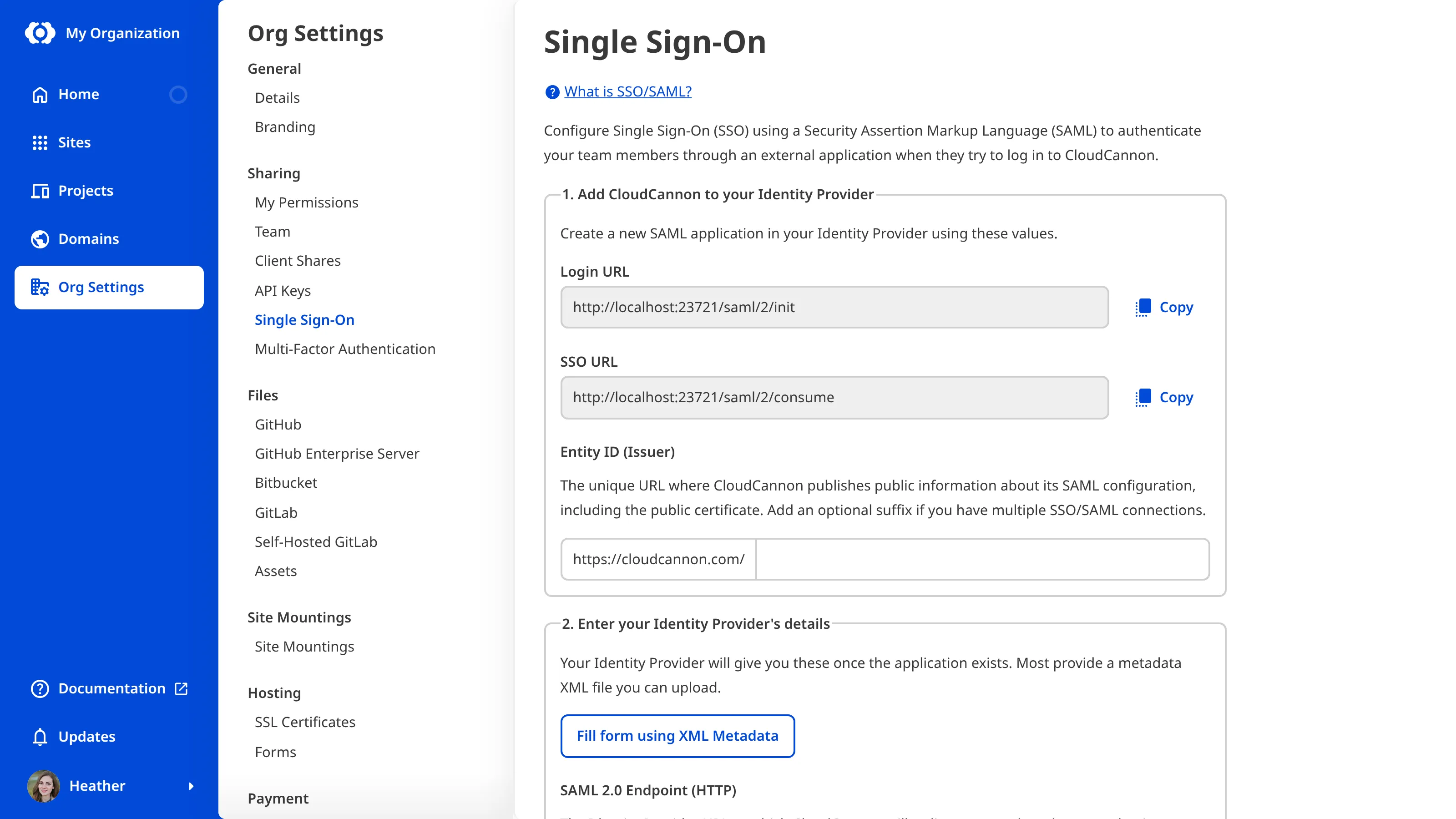 A screenshot of the Single Sign-On page shows the configuration details for initial set up of your Identity Provider.