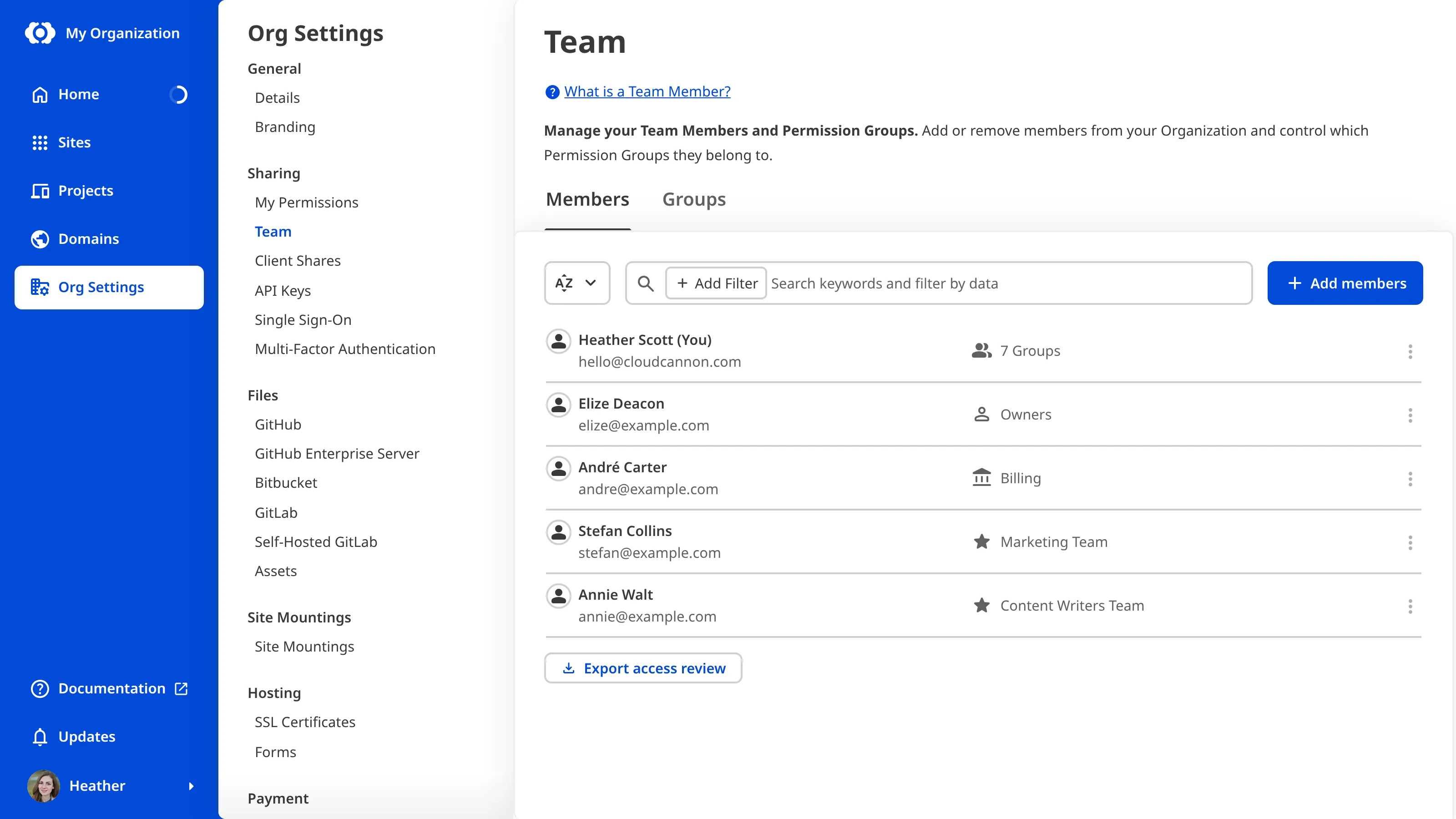 A screenshot of the Members tab on the Team page under Org Settings shows a list of Team Member cards above the Export access review button.