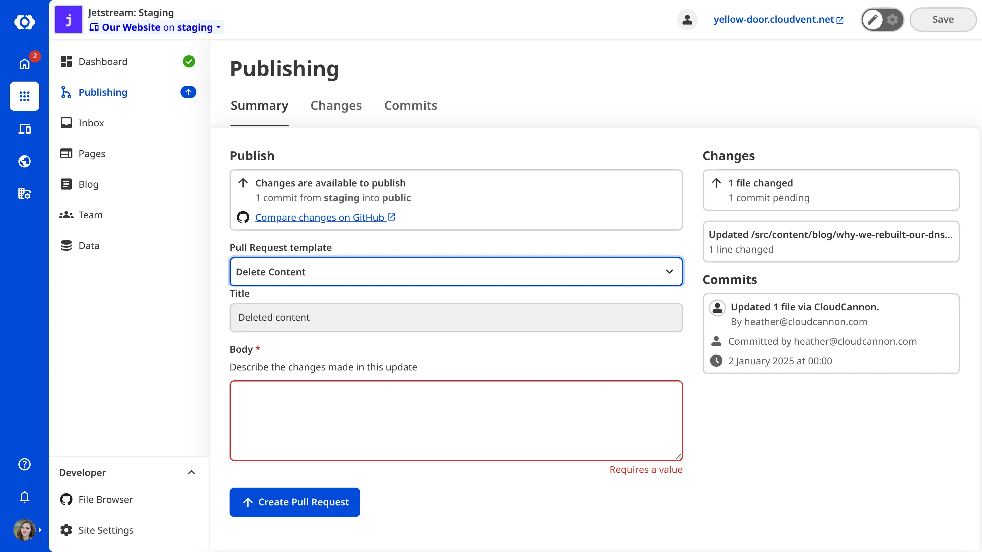 A screenshot of the Publishing page shows the Pull Request template dropdown for selecting a template.