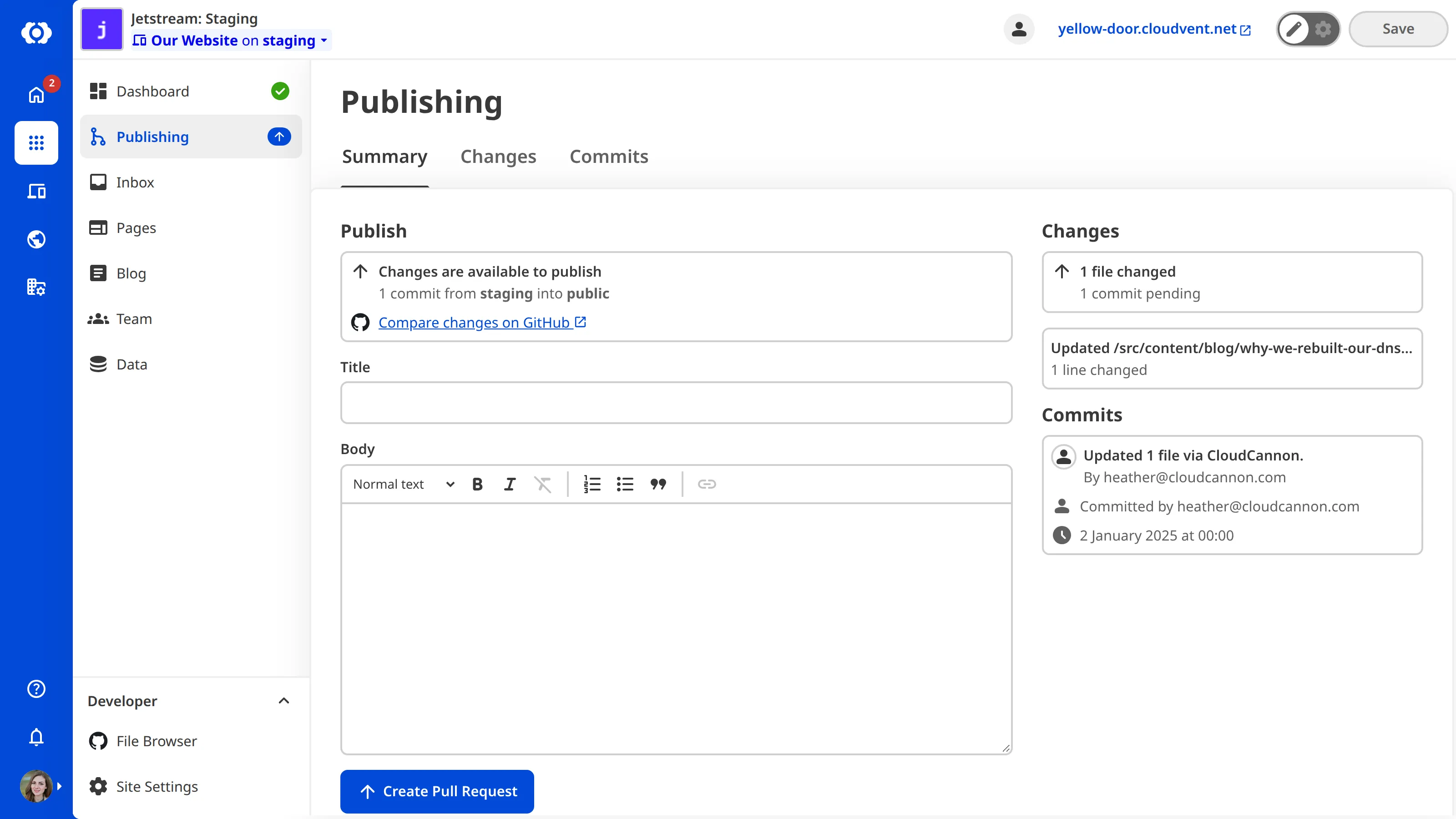 The Publishing page on a Site using Pull Request A screenshot of the Publishing page on a Site using the Pull Request Publishing Method shows fields for a Pull Request title and body, with a Create Pull Request button.