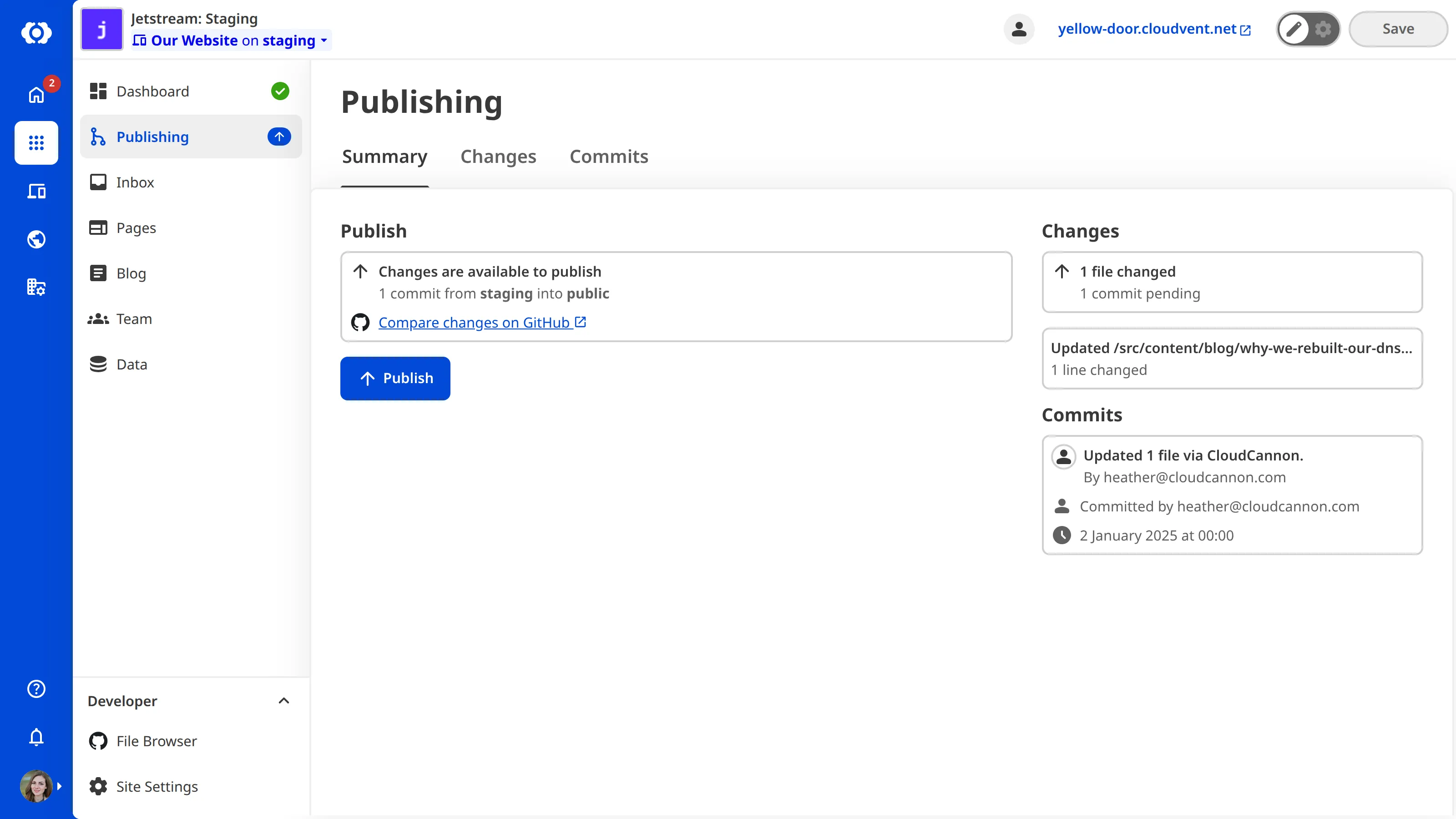 A screenshot of the Publishing page shows a notice that changes are available to publish from the current Site to its Publish Branch.