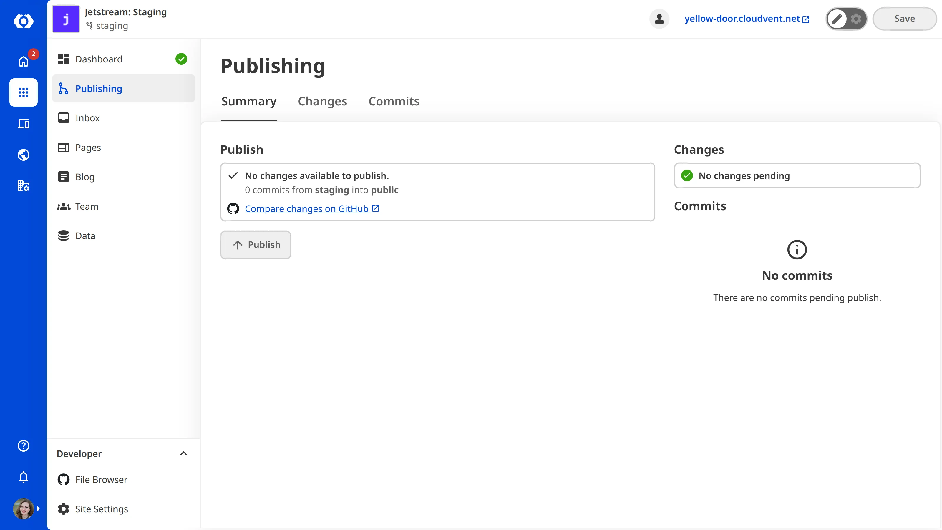 A screenshot of the Publishing page shows the Summary tab with no commits ready to publish, indicating the Site is in sync with its Publish Branch.