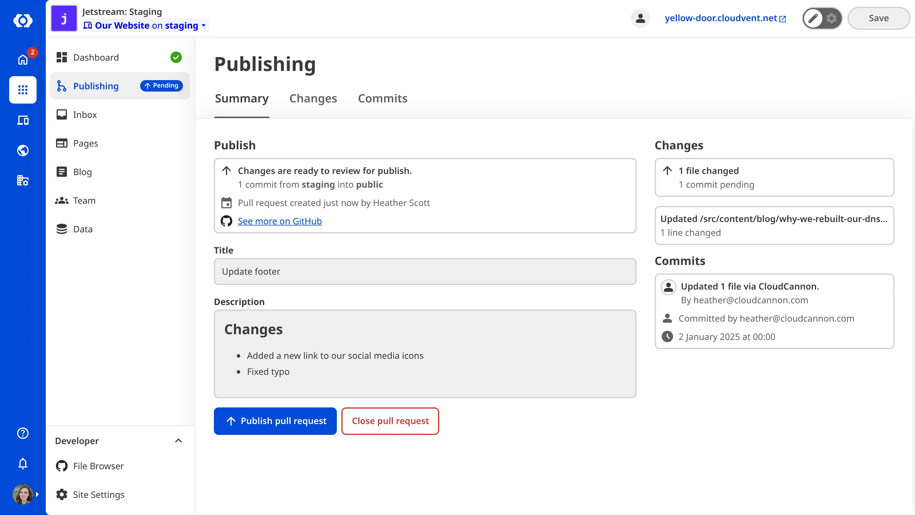 A screenshot of the Publishing page on a Site with an open Pull Request shows the Pull Request details and buttons to Publish or Close the Pull Request.