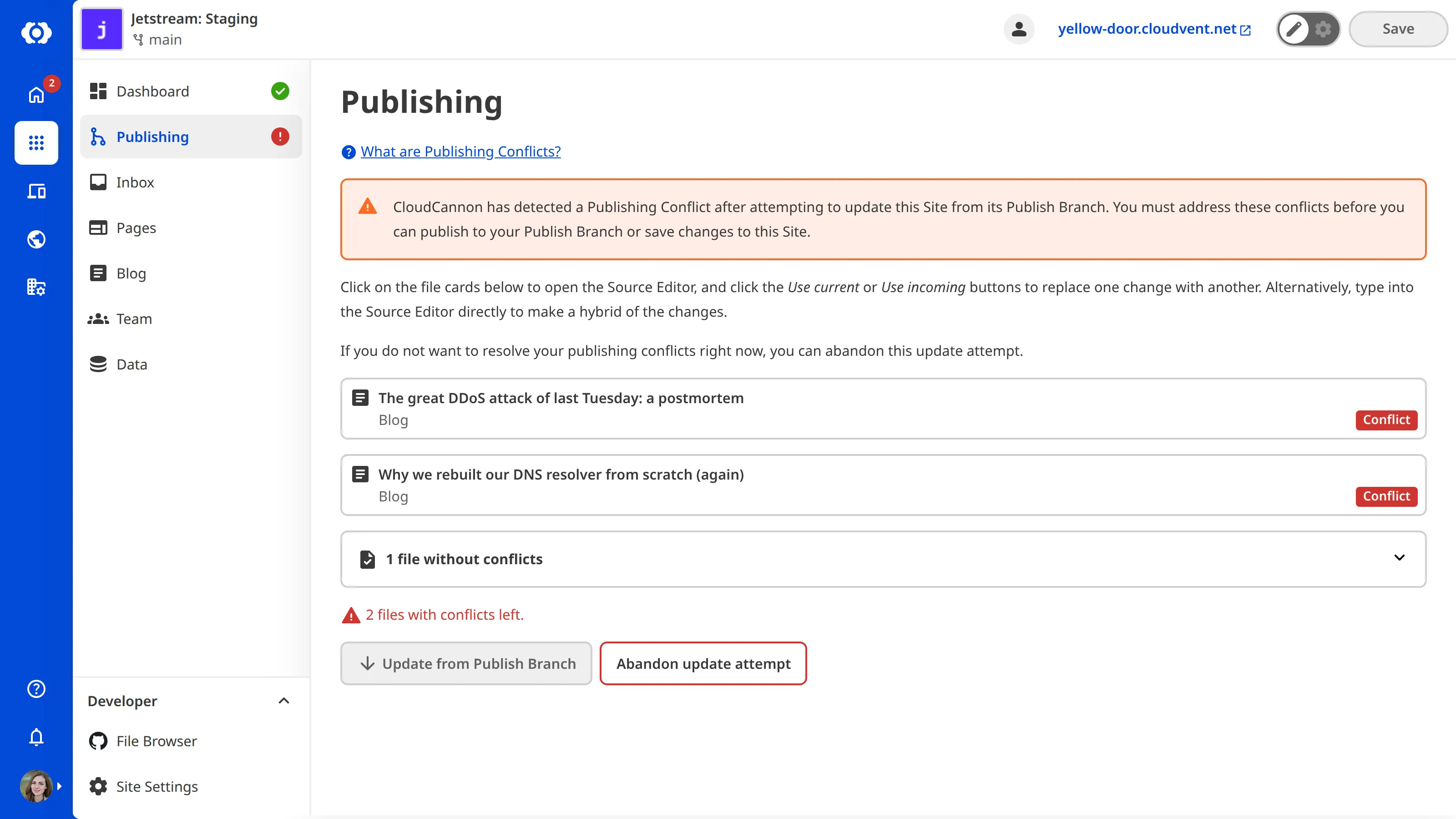 A screenshot of the Publishing page shows a Publishing Conflict card warning that file changes need to be resolved before publishing or updating.