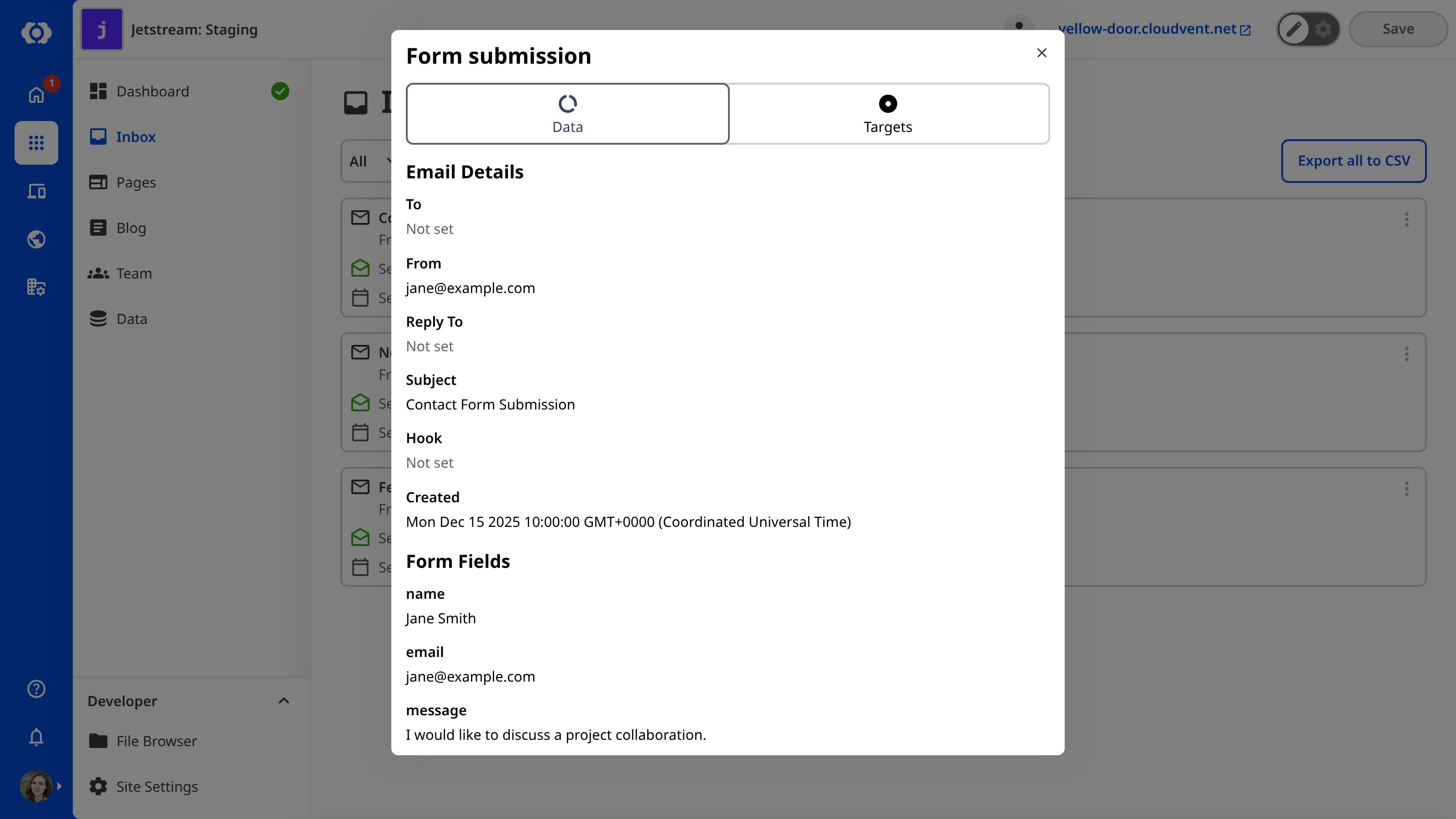 A screenshot of the submission details modal shows the form data, including the sender, subject, and submitted fields.