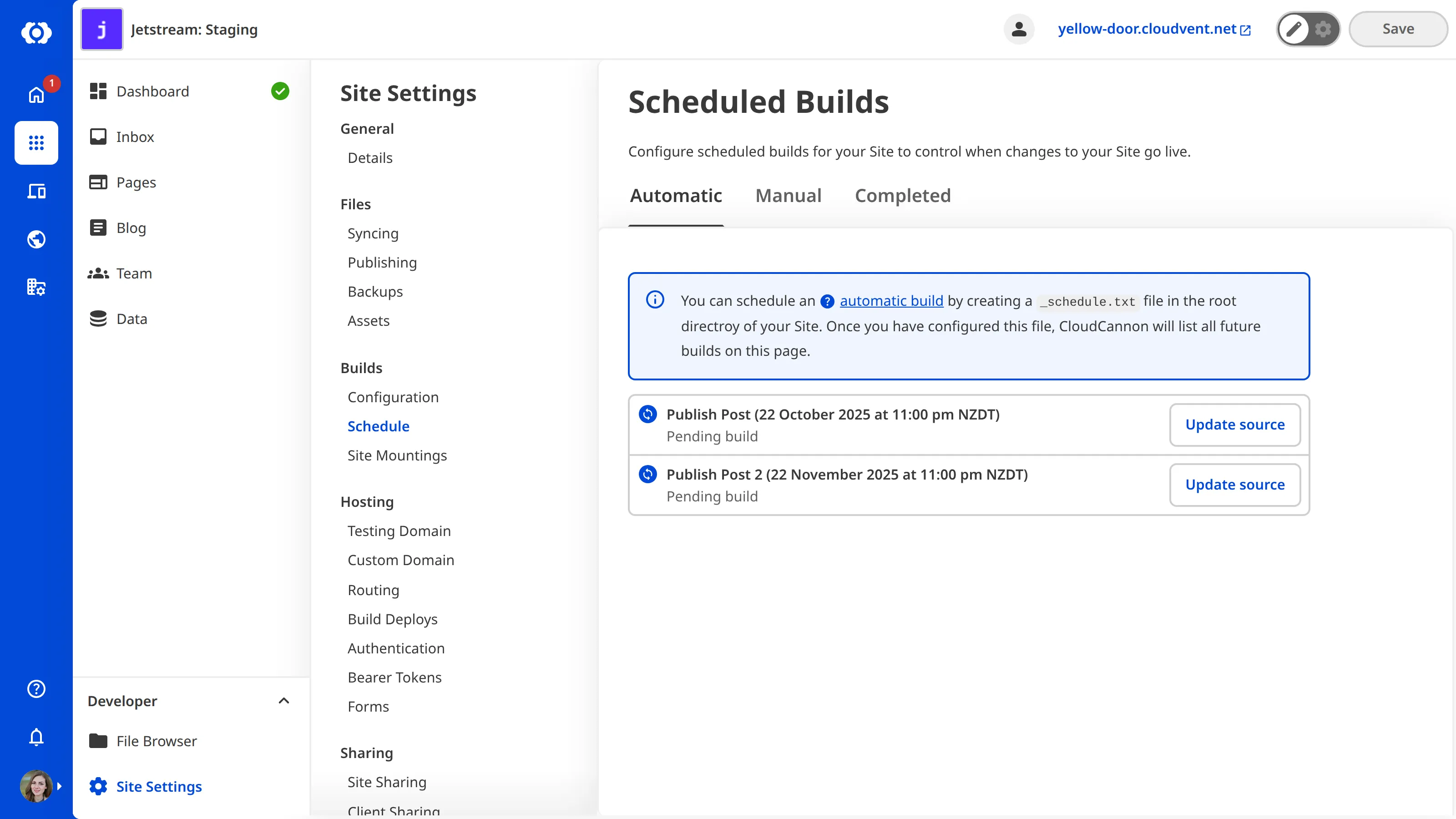 The Schedule page for automatic builds Automatic Builds Schedule interface