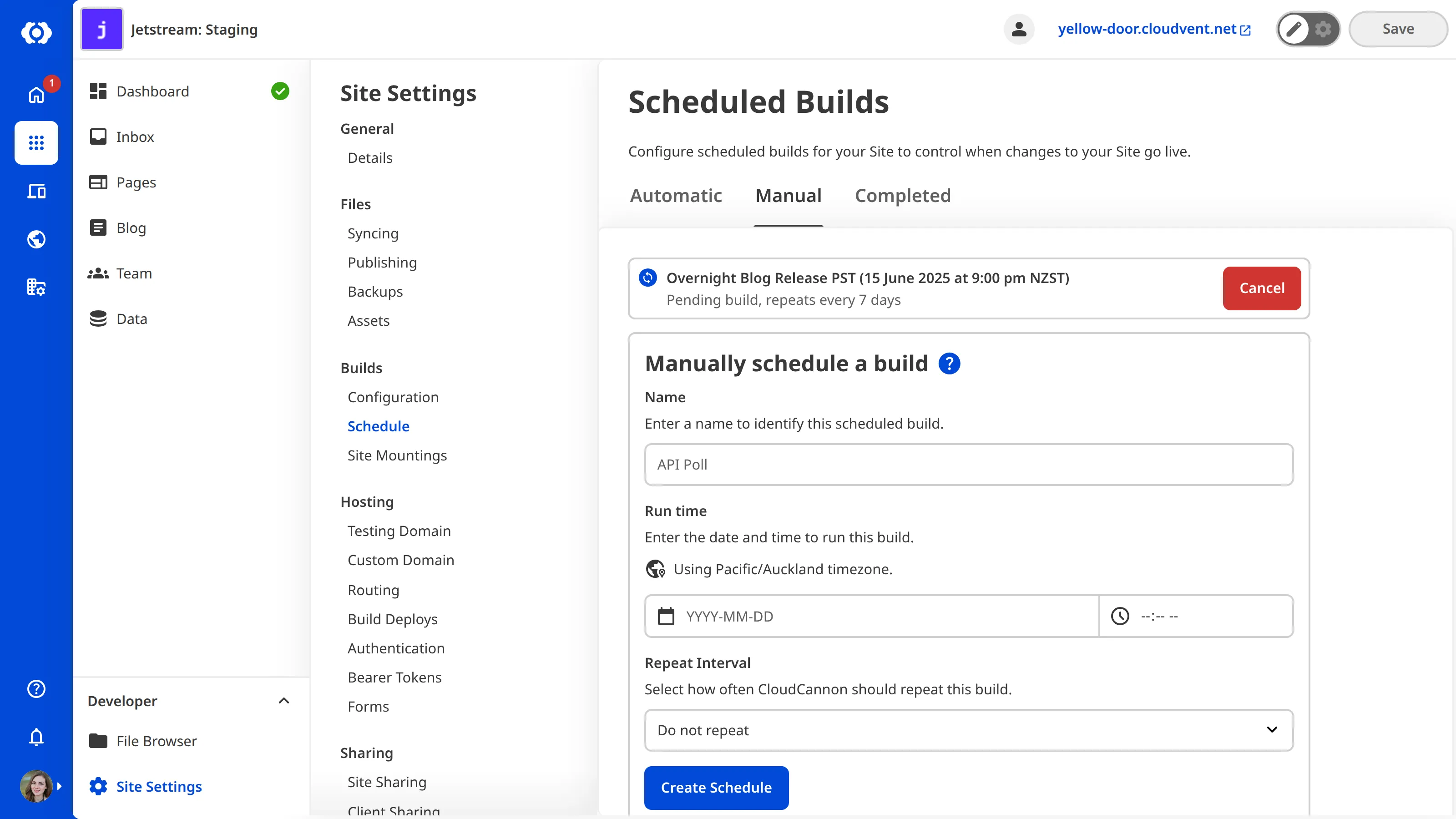 Manual Builds Schedule interface