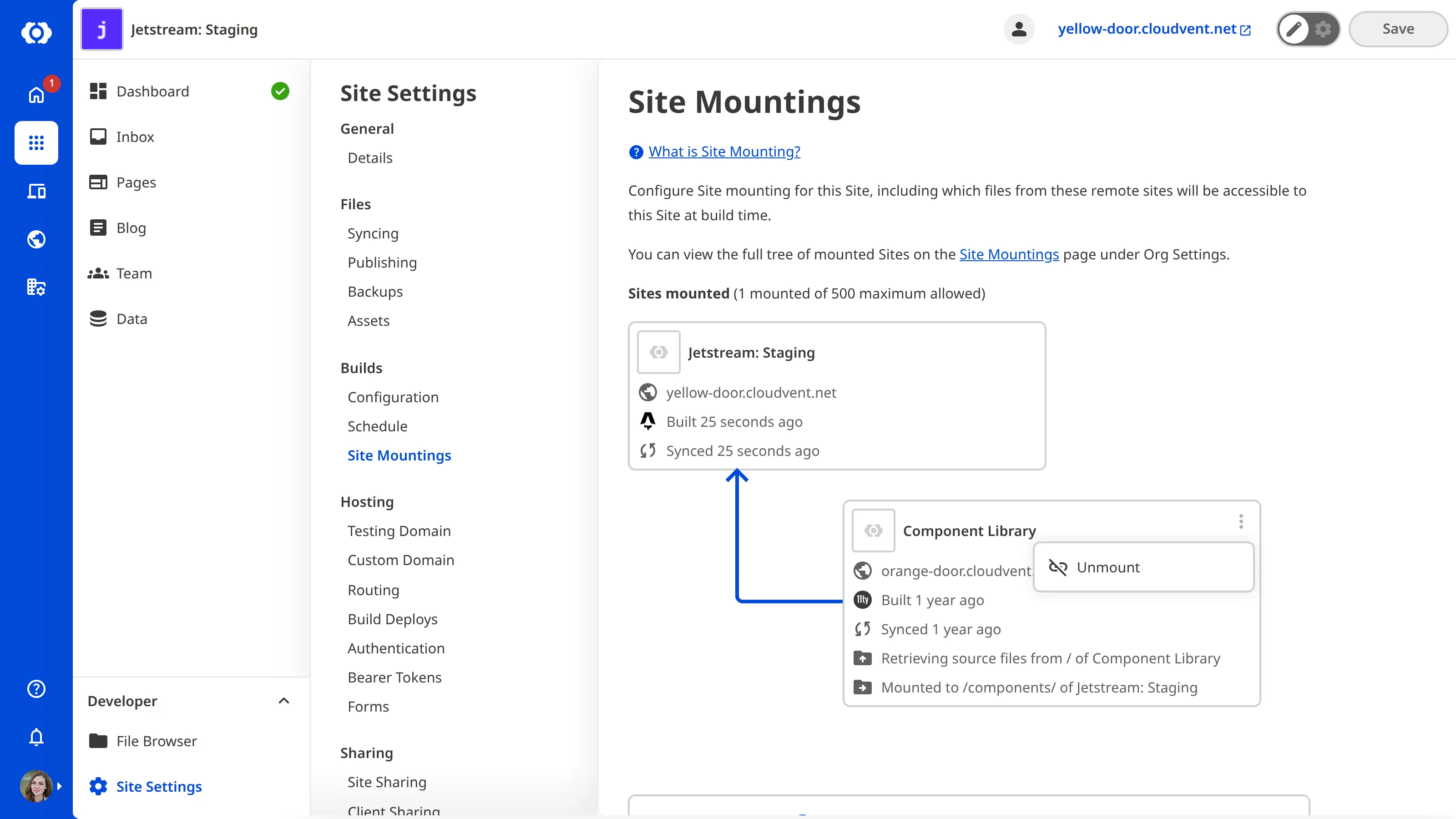 The Site Mountings page A screenshot of the Site Mountings page showing a mounted site with the context menu open, displaying the Unmount option.