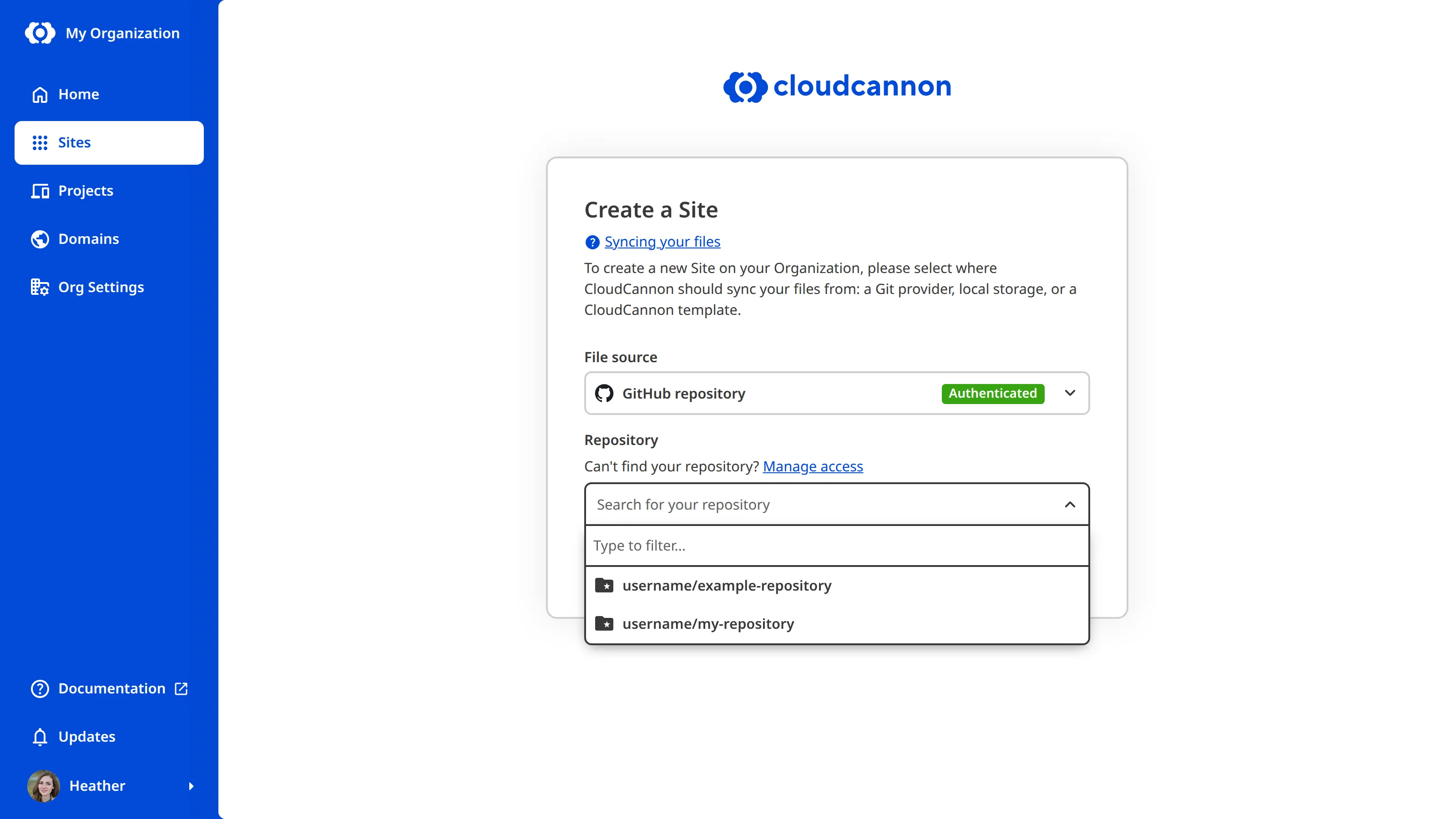 The Create a Site page with GitHub authorized and the Repository dropdown open, listing available repositories.