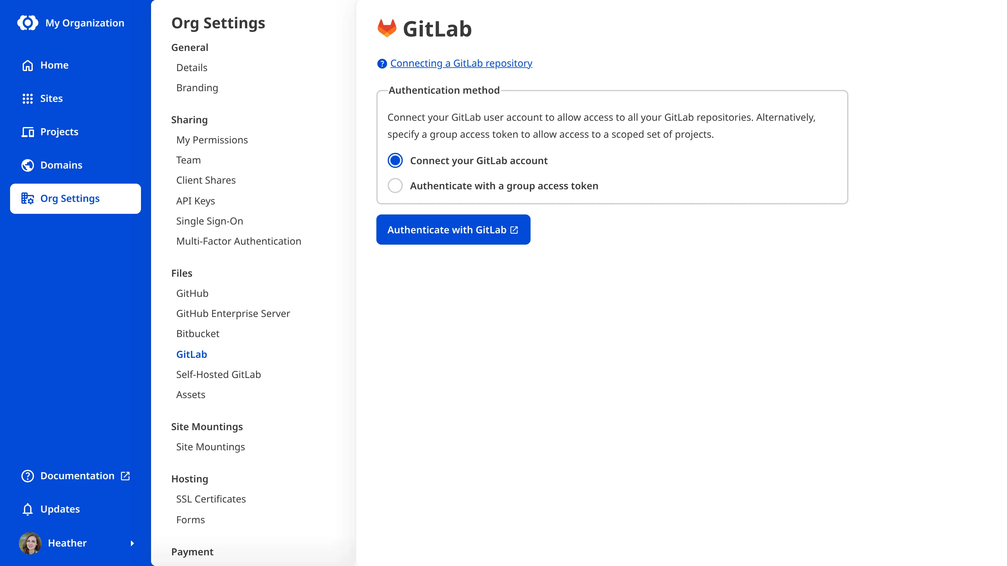 The GitLab Organization Settings page showing the OAuth authentication option with an Authenticate with GitLab button.