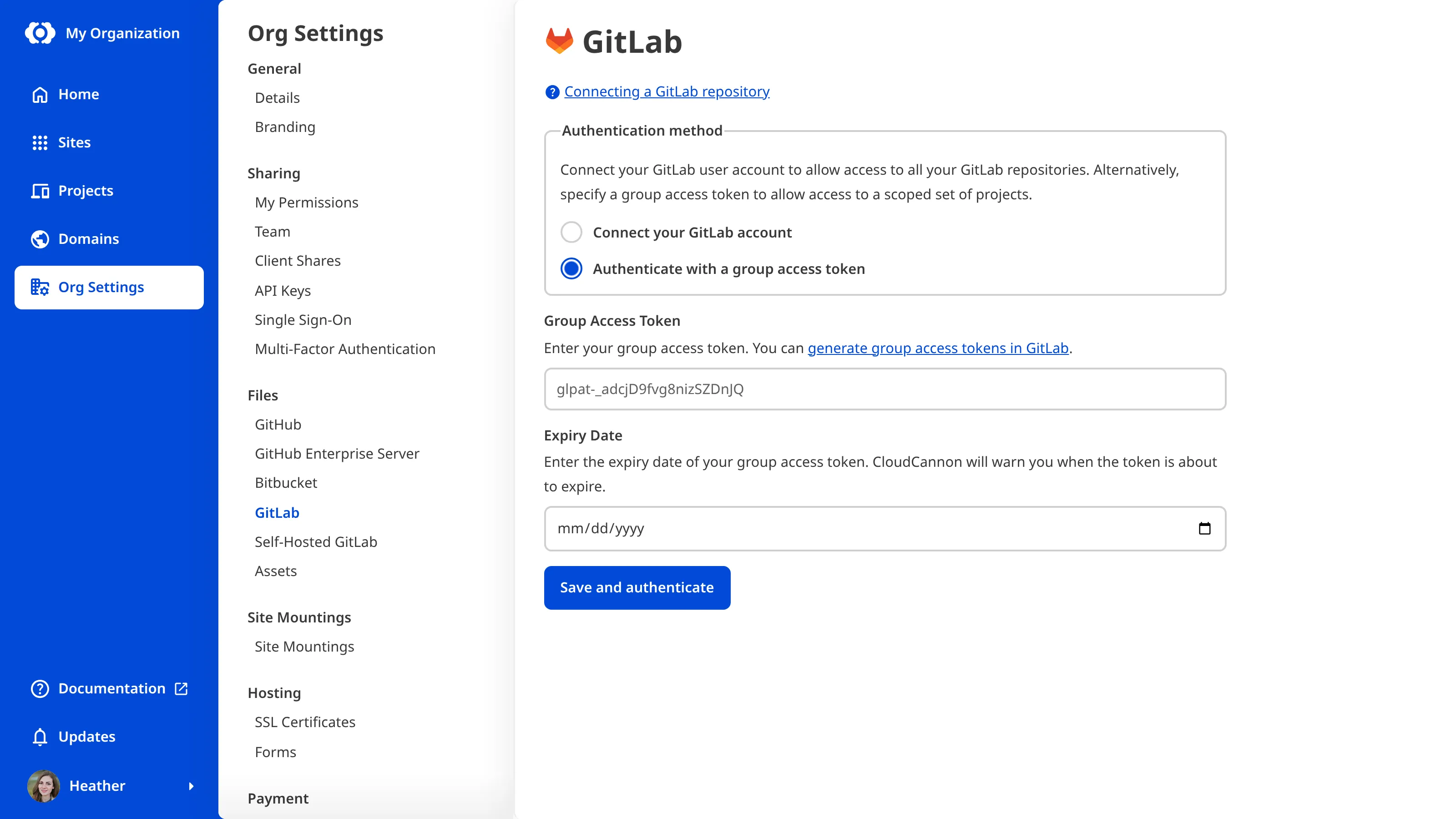 The GitLab Organization Settings page showing the group access token form with fields for the token and expiry date.