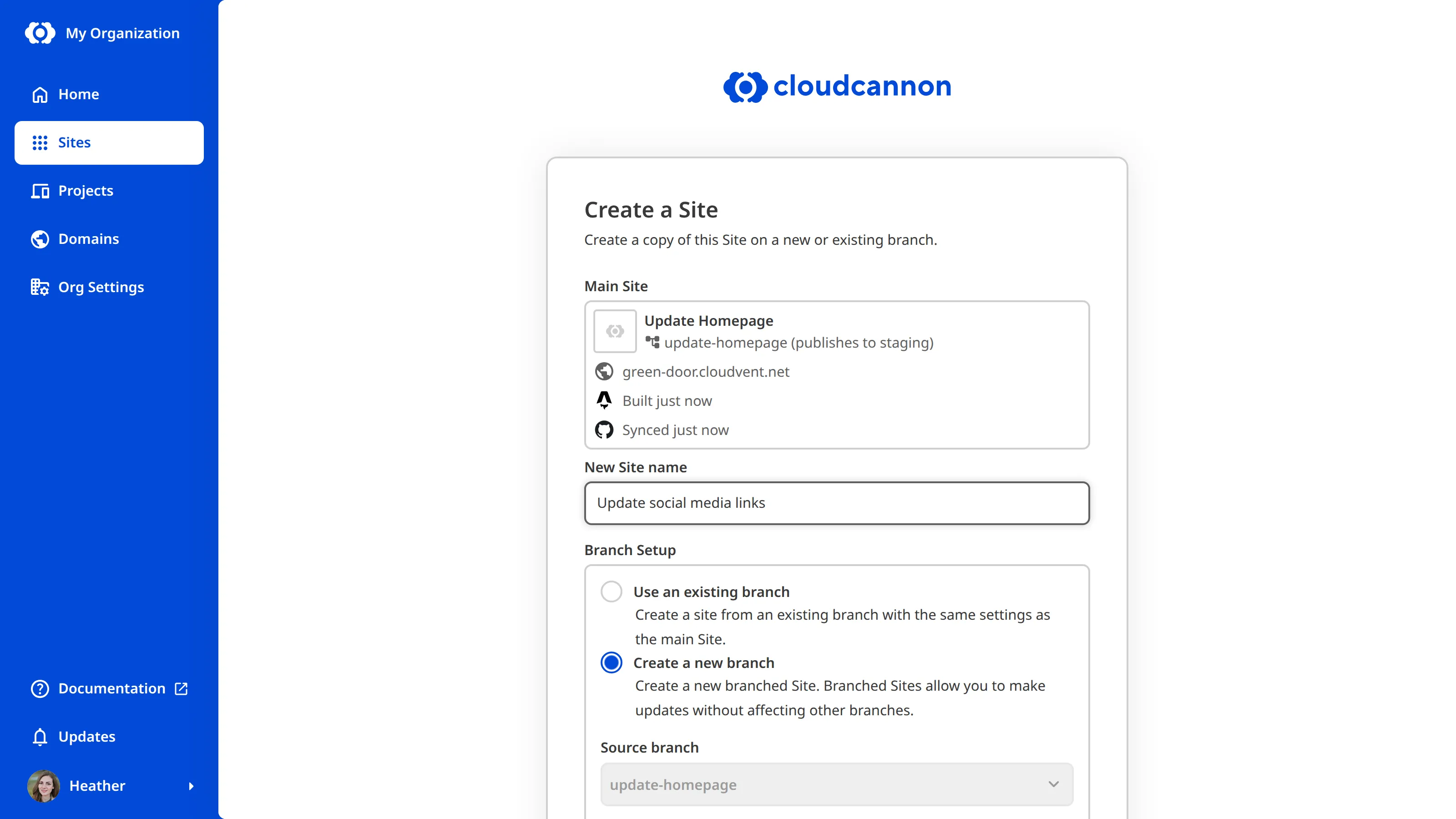 A screenshot of the Create a Site page within a Project, showing the branch setup with another branched Site selected as the source branch.